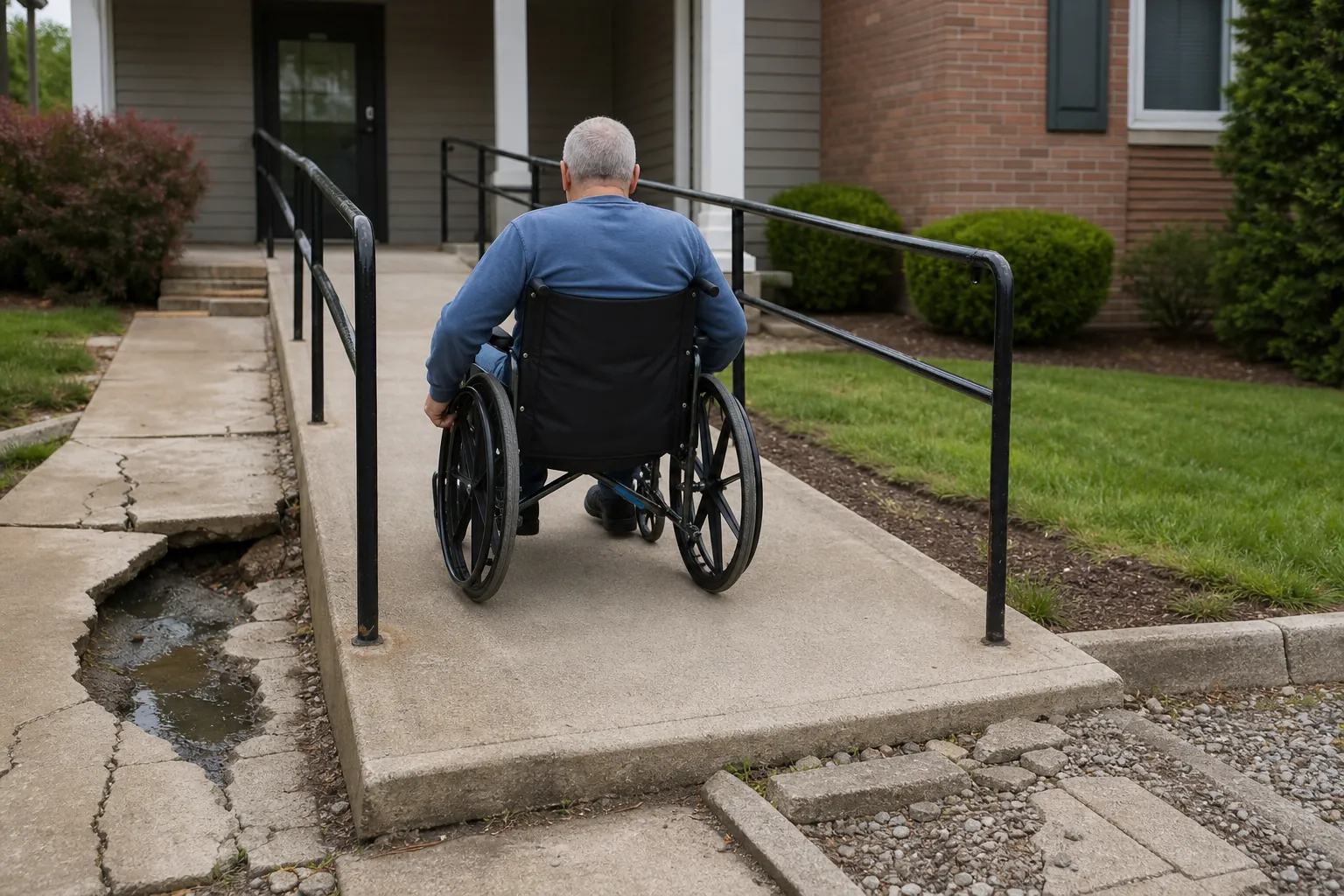 A man in a wheelchair faces a building entrance on a concrete ramp beside cracked pavement and a water-filled hole.