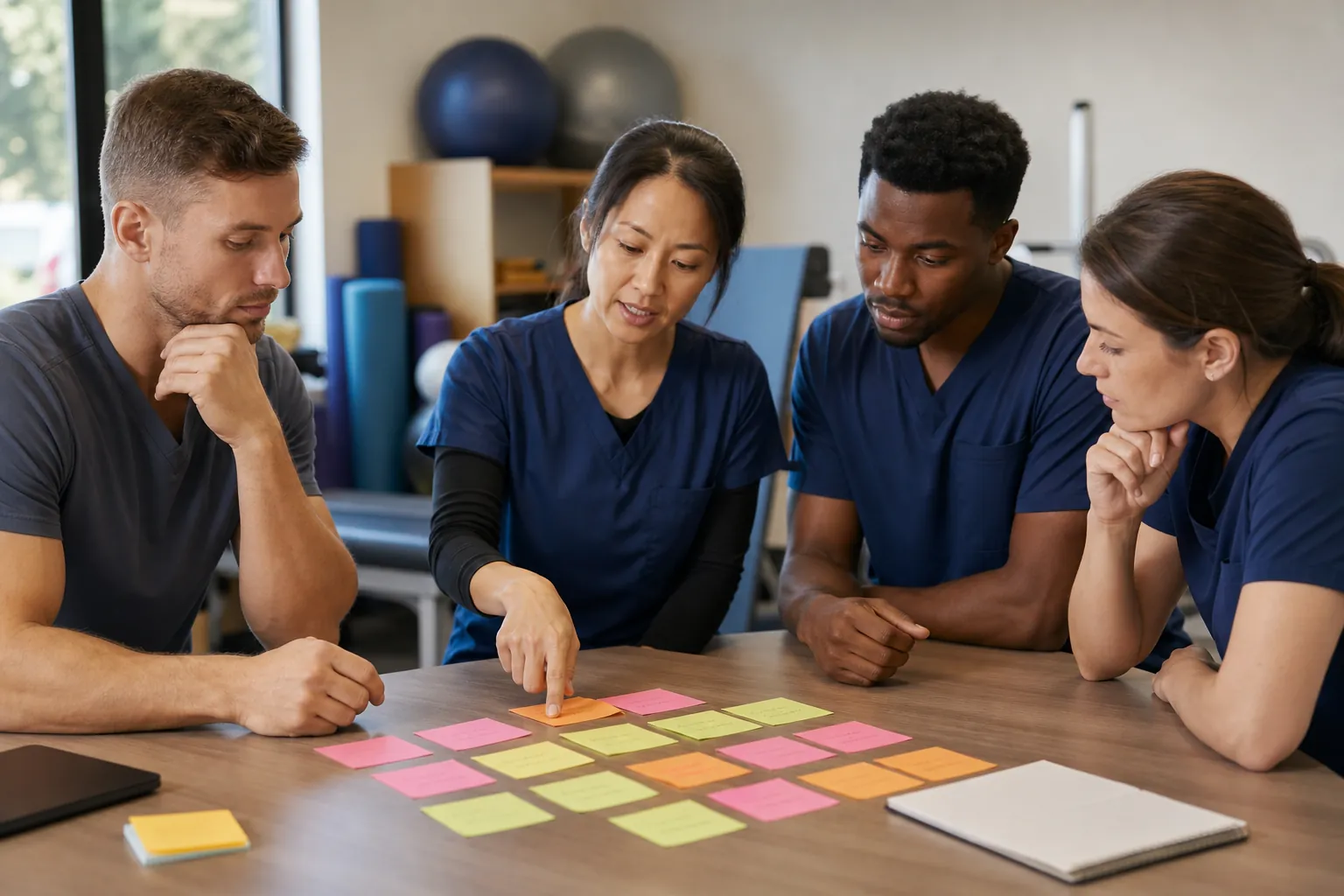 Four rehab staff in scrubs gather around a table, with one pointing to colorful sticky notes arranged beside closed notebooks.