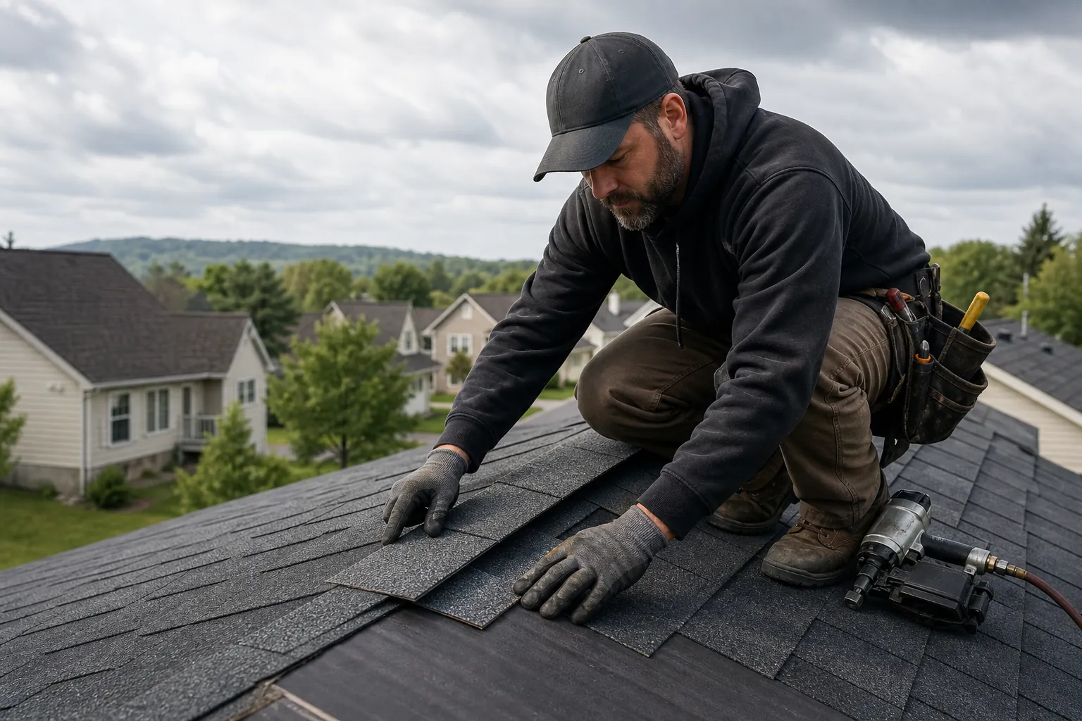 A roofer wearing gloves kneels on a shingled roof, positioning a loose shingle beside a pneumatic nail gun.