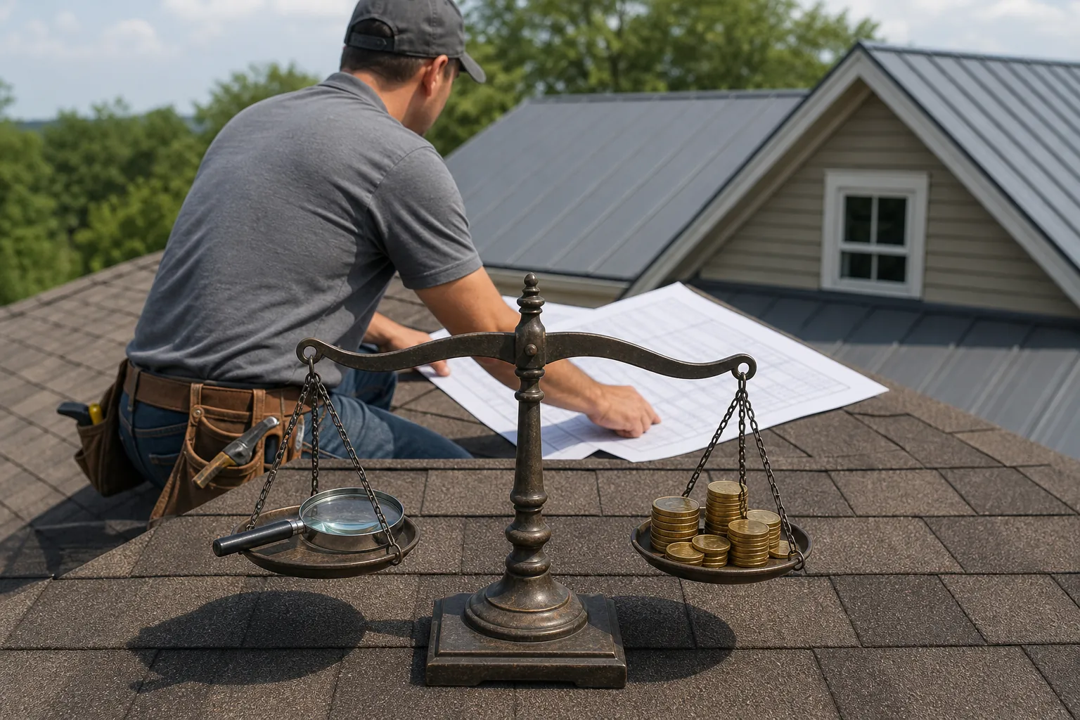 A roofer reviews plans on a shingled roof behind a balance scale holding a magnifying glass and stacks of coins.