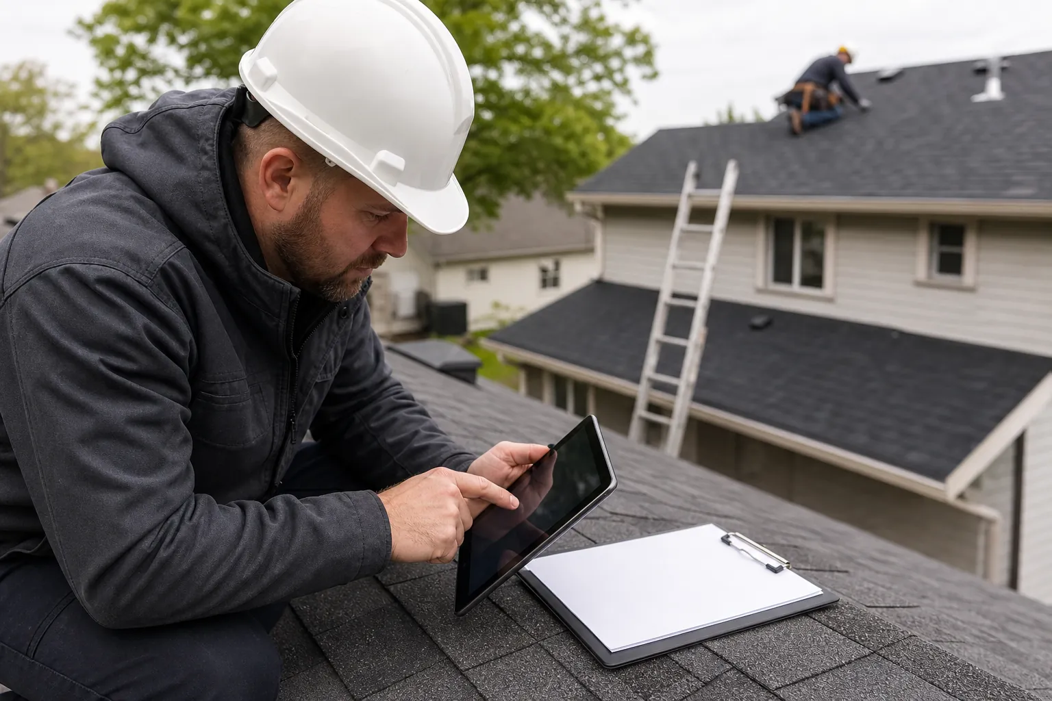 A roofer in a white hard hat uses a tablet beside a blank clipboard on a shingled roof, with another worker in the background.