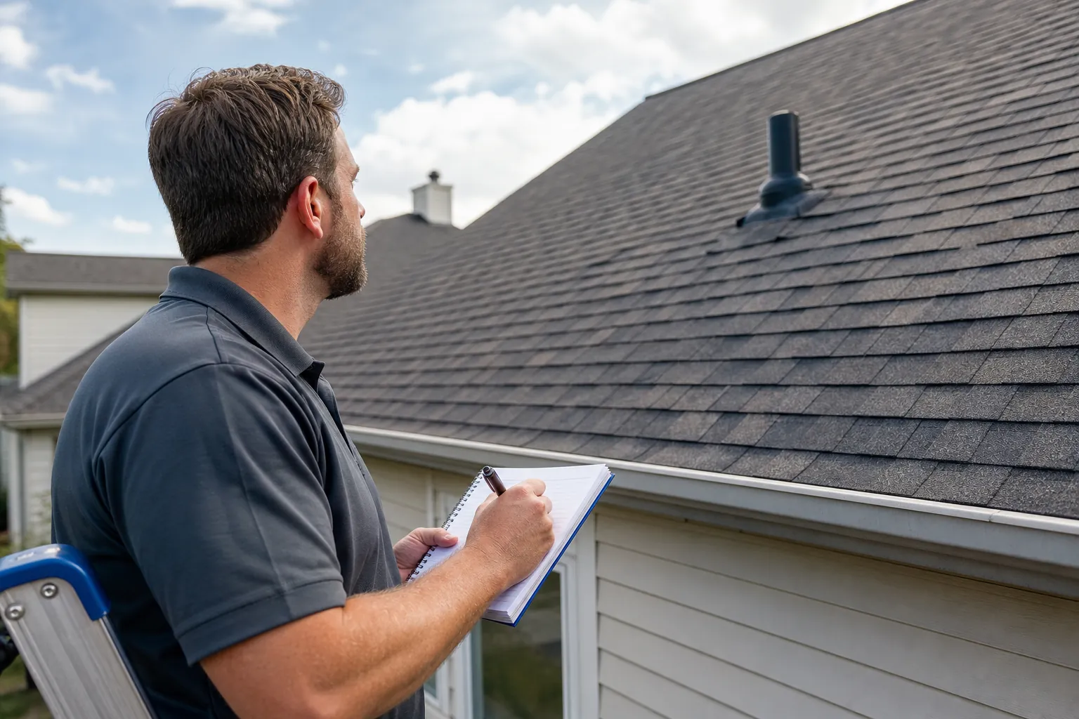 A man on a ladder holds a pen and spiral notebook while inspecting a gray shingle roof beside a gutter.