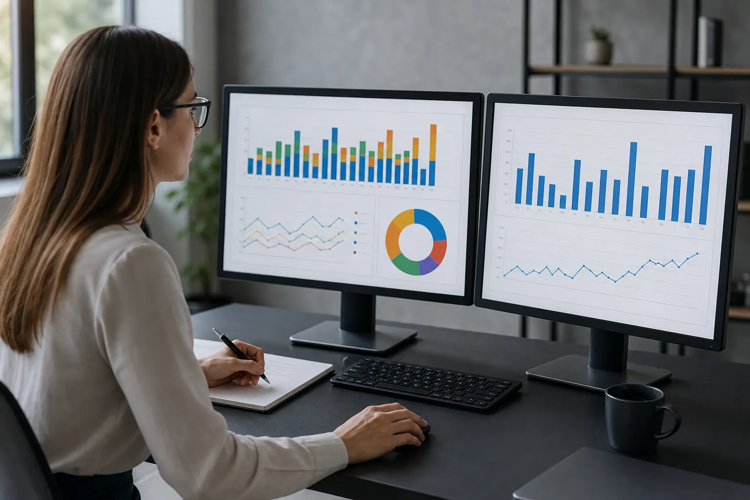 A woman takes notes at a desk while viewing bar, line, and doughnut charts on two monitors.