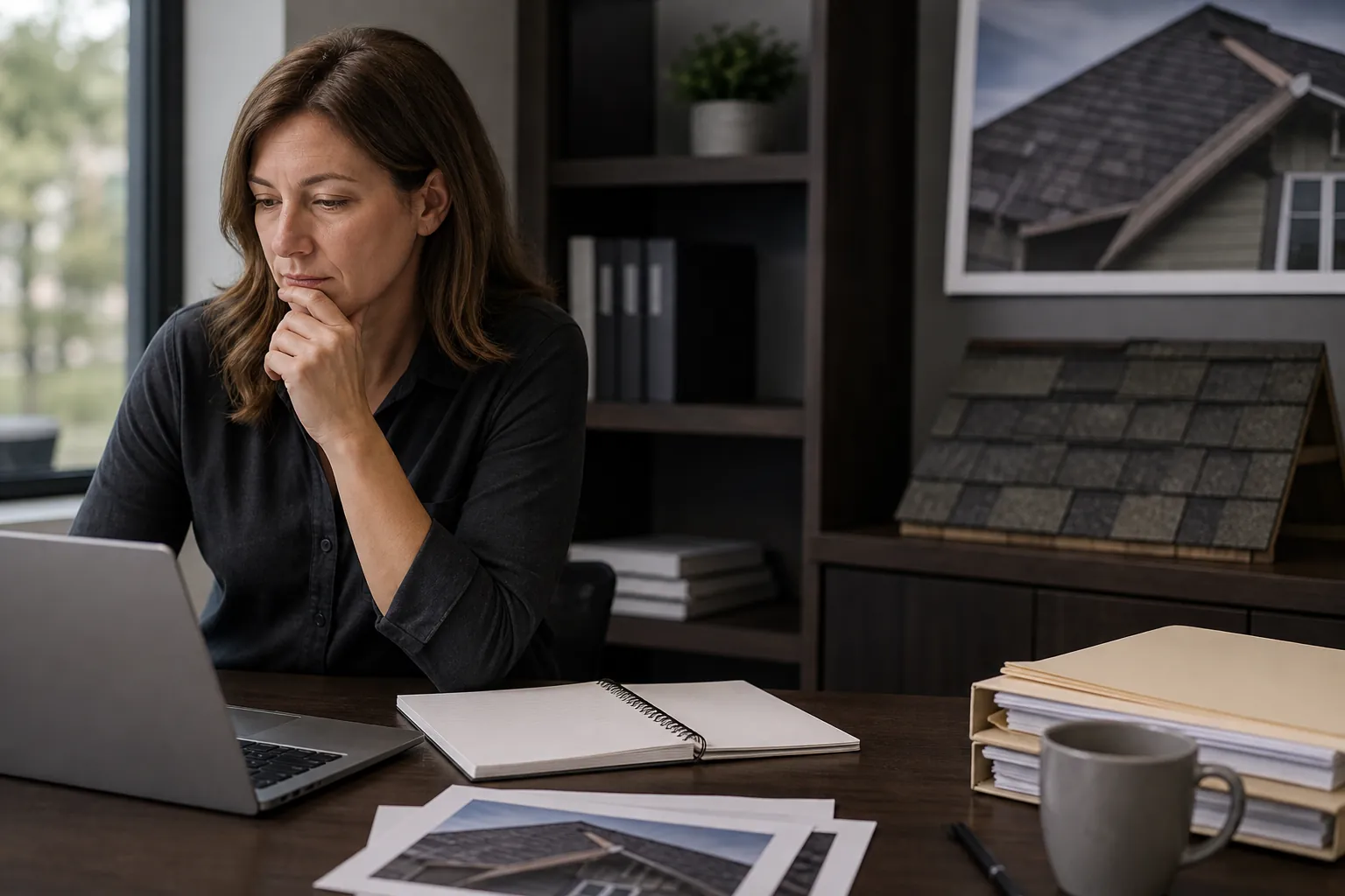 A woman studies a laptop at a desk with a blank notebook, roof photographs, folders, and a roof shingle display behind her.