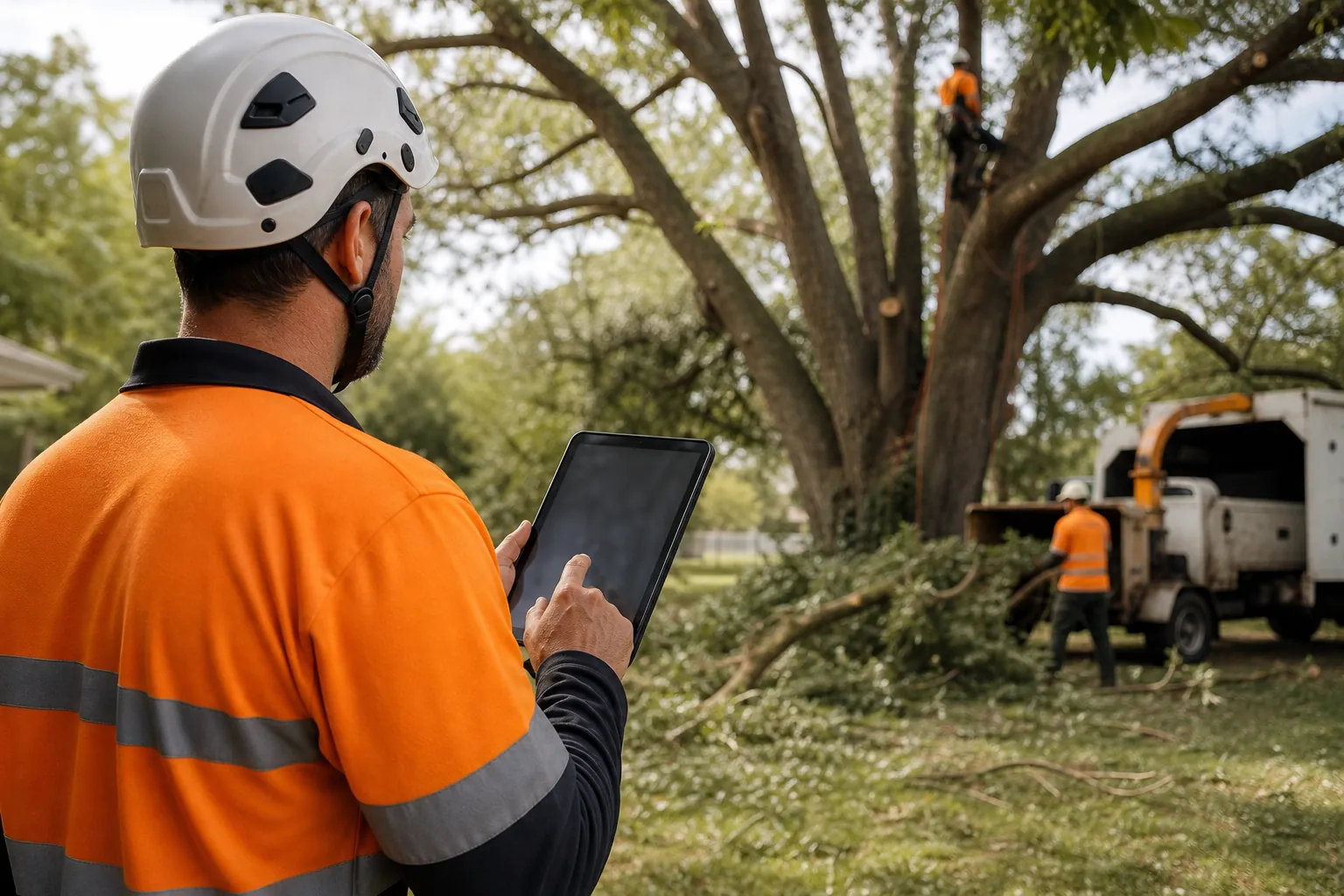 Tree Service Worker Using a Tablet at a Job Site A helmeted tree service worker uses a tablet while crew members climb a large tree and work beside a wood chipper.