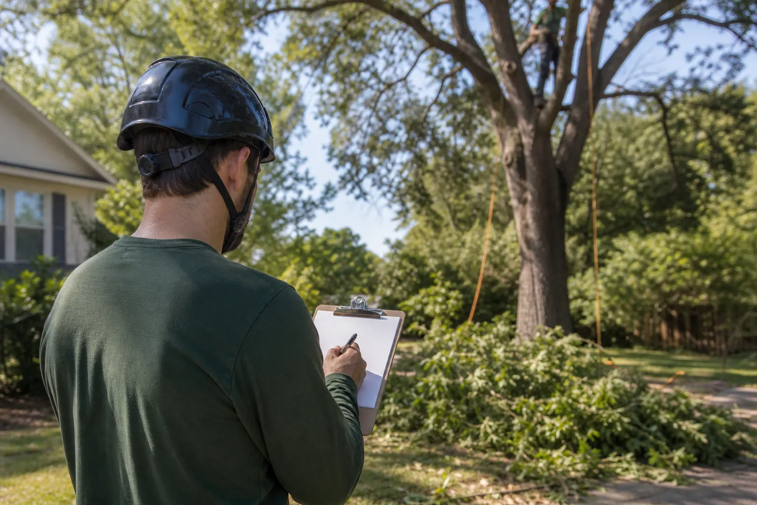 Tree Service Worker Assessing a Residential Yard A helmeted tree service worker holds a pen and clipboard beside a large tree and piles of cut branches in a residential yard.