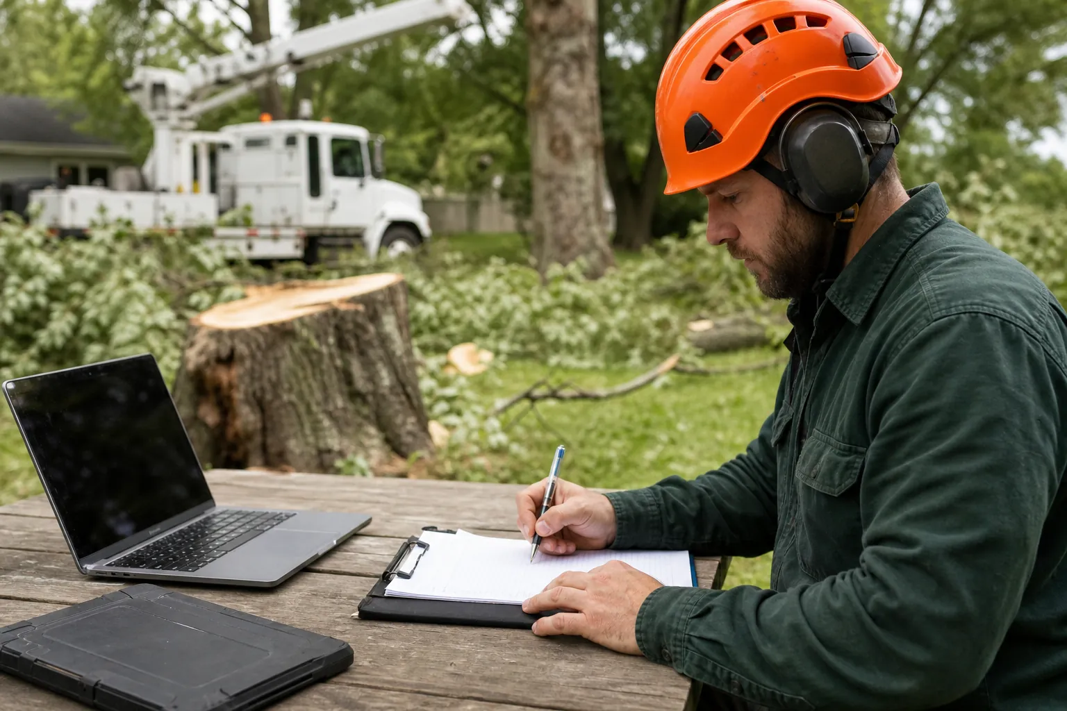 Tree worker wearing an orange helmet writes on a clipboard beside a laptop, with a stump and bucket truck behind him.