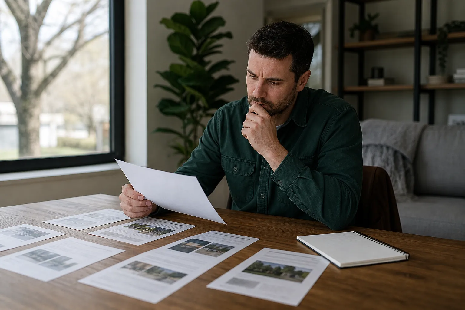 A man studies a sheet of paper at a wooden table covered with printed documents and a blank spiral notebook.