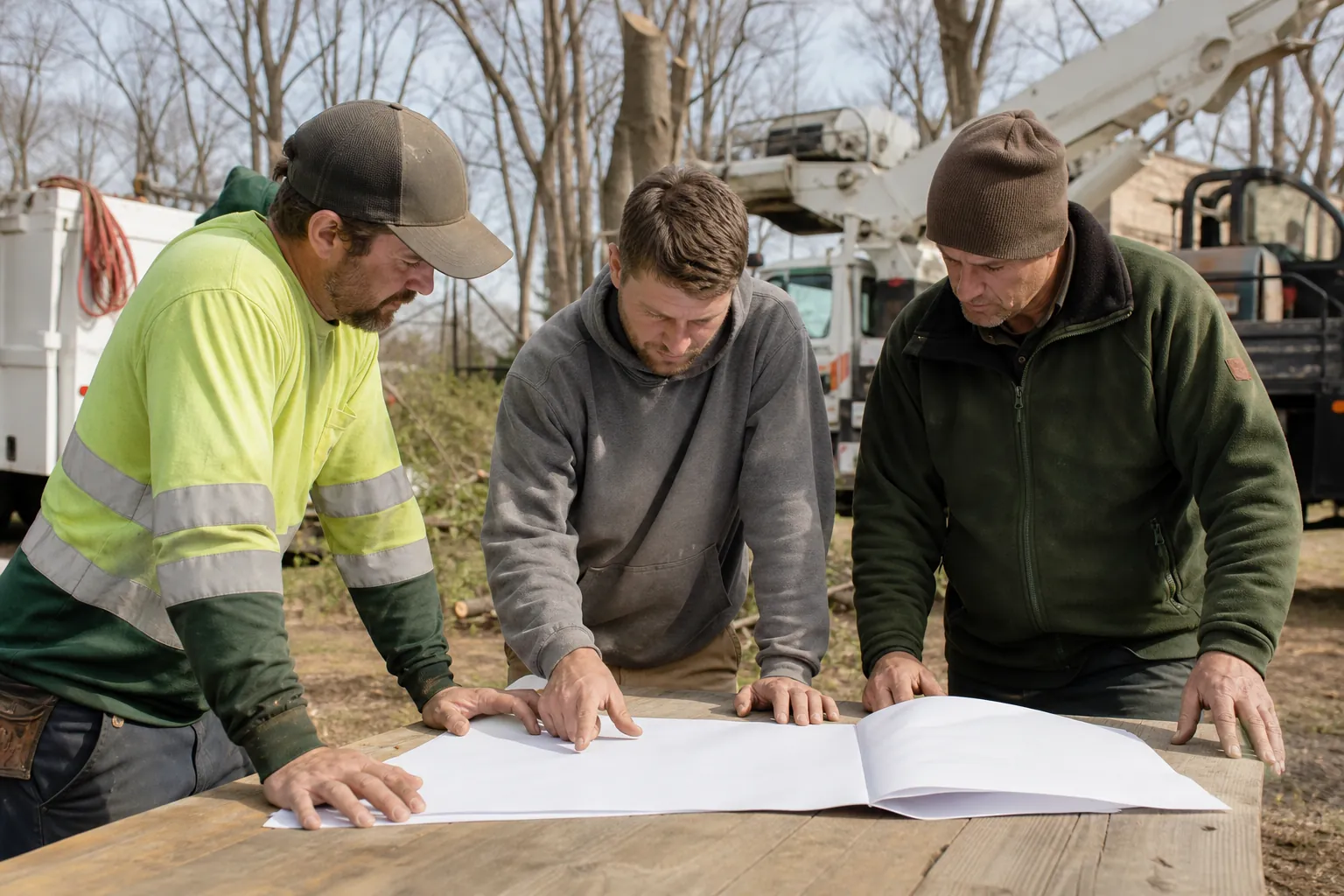 Three men review large blank sheets on an outdoor wooden table, with tree service trucks and leafless trees behind them.
