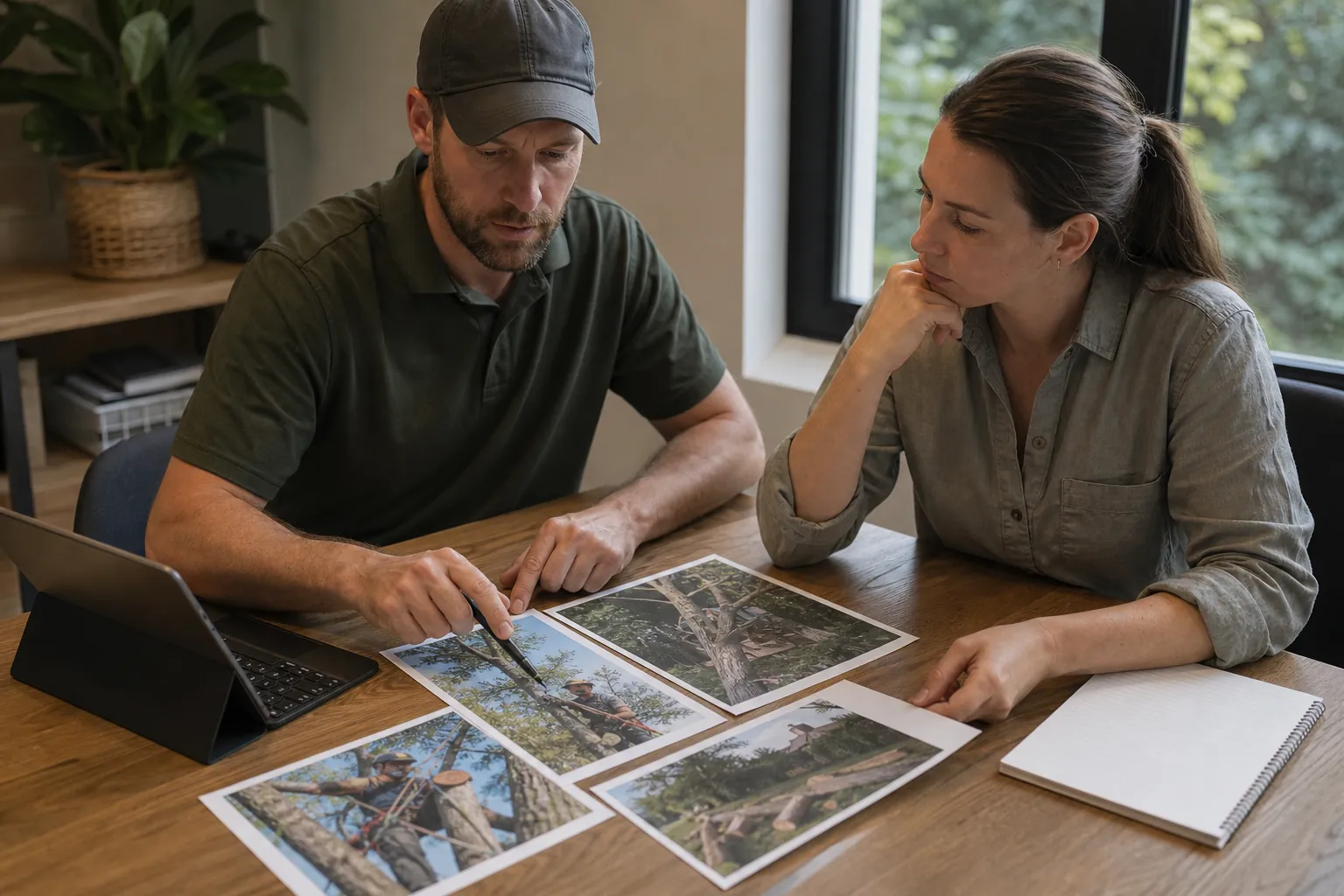 A man and woman review printed tree work photographs at a wooden table with a tablet and blank spiral notebook.