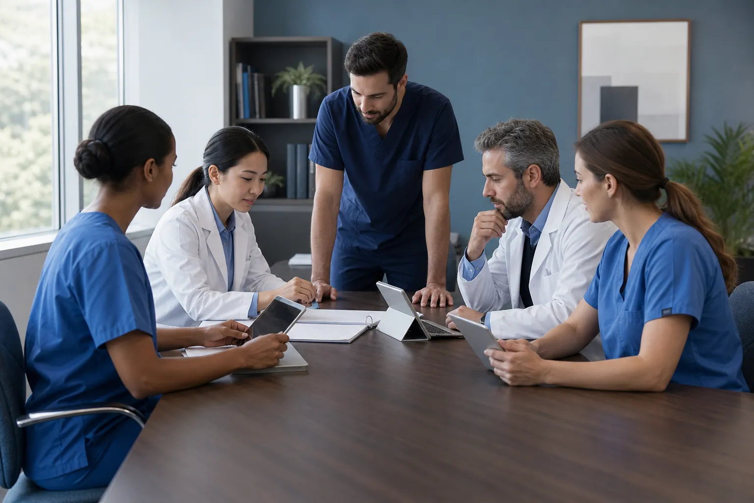 Five healthcare professionals in scrubs and white coats gather around a conference table with tablets and an open binder.
