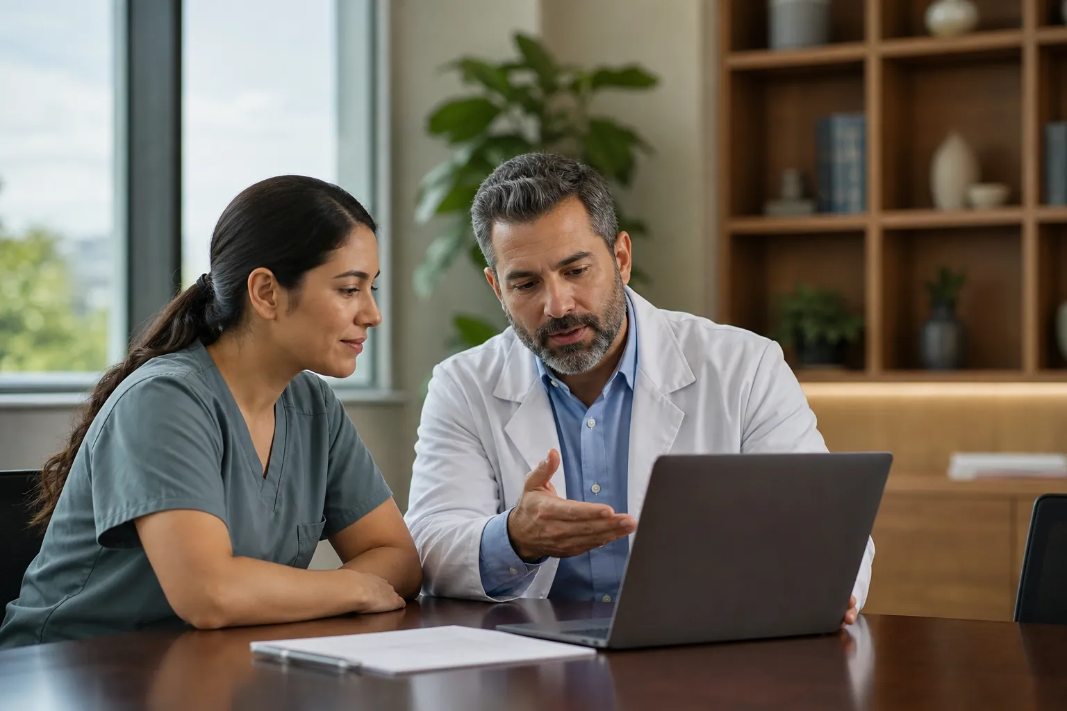 A man in a white medical coat gestures toward a laptop while a woman in gray scrubs watches beside him at a table.