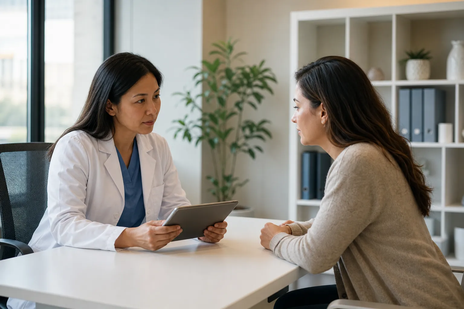 A clinician in a white coat holds a tablet while speaking with a woman seated across a desk in a bright office.