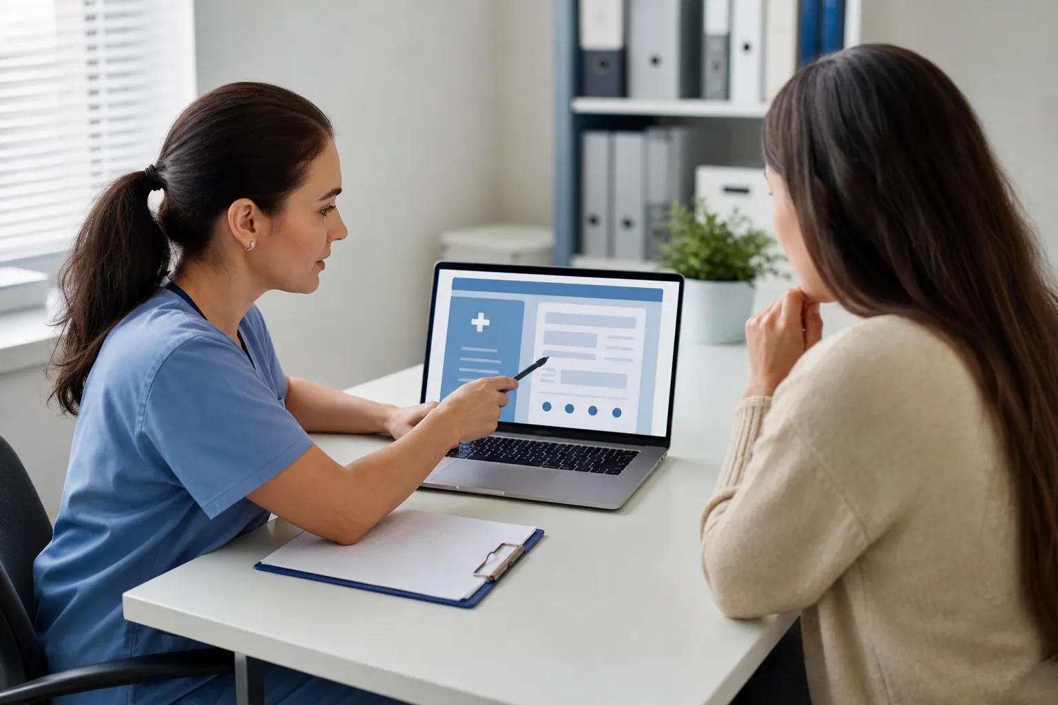 A healthcare worker in blue scrubs points to a medical webpage on a laptop while a woman watches across the desk.