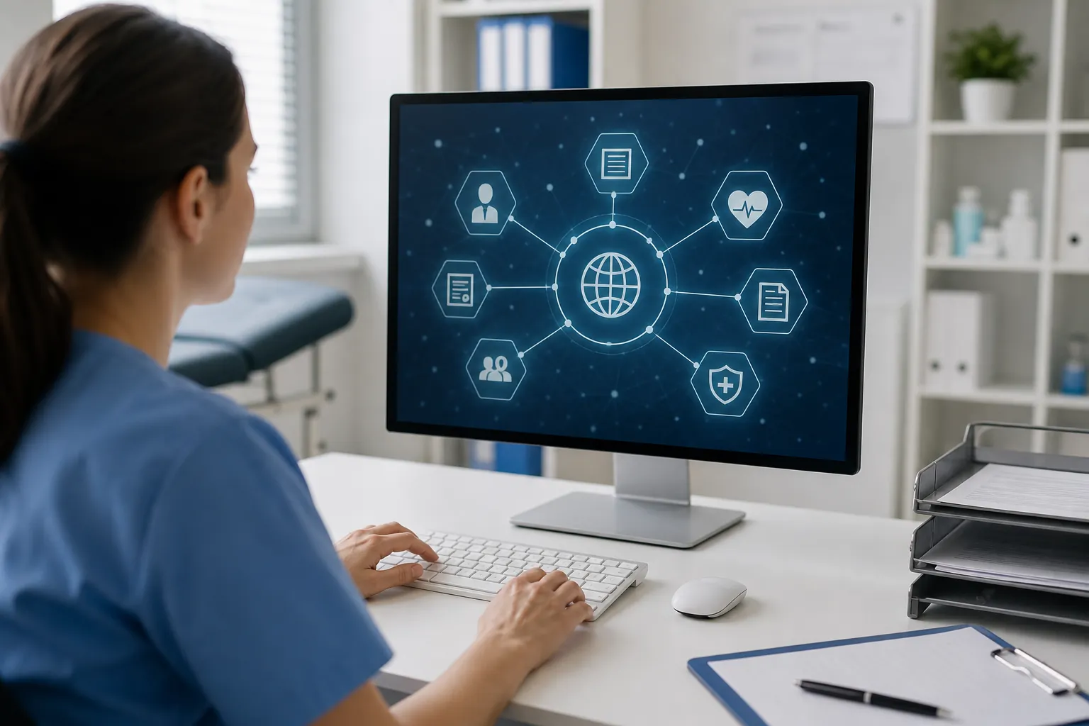 A healthcare worker in blue scrubs uses a computer displaying a globe connected to medical and document icons.