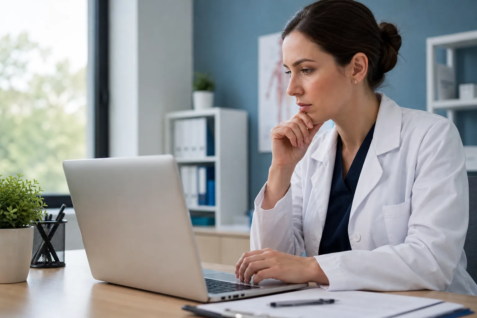A woman in a white medical coat studies a laptop at a desk, resting one hand against her chin and the other on the keyboard.