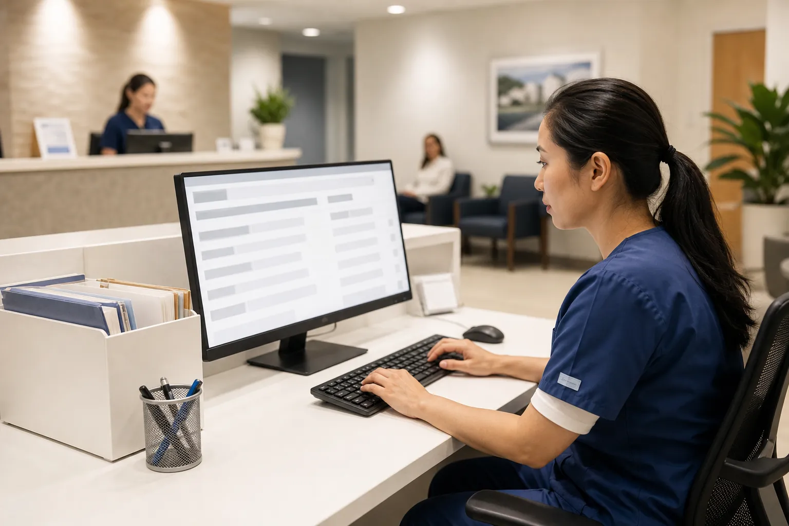 Healthcare worker in navy scrubs types at a desktop computer beside a clinic reception area with staff and a seated visitor.