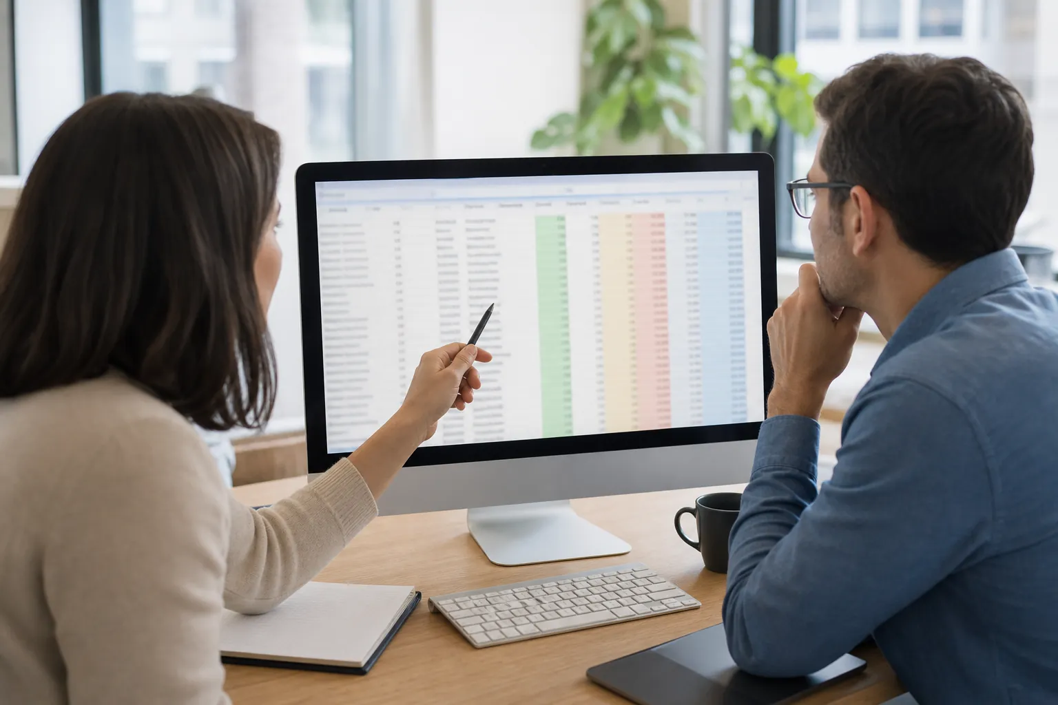 Two colleagues review a color-coded spreadsheet on a desktop monitor, with one pointing at the screen using a pen.