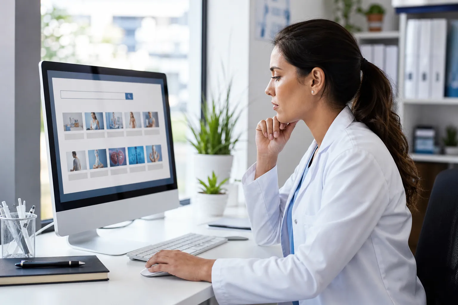 A woman in a white medical coat views a healthcare search page with a search bar and thumbnail results on a desktop monitor.