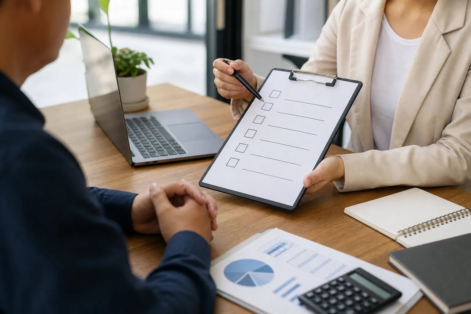 Two people review a blank checklist on a clipboard at a desk with a laptop, printed charts, calculator, and notebook.