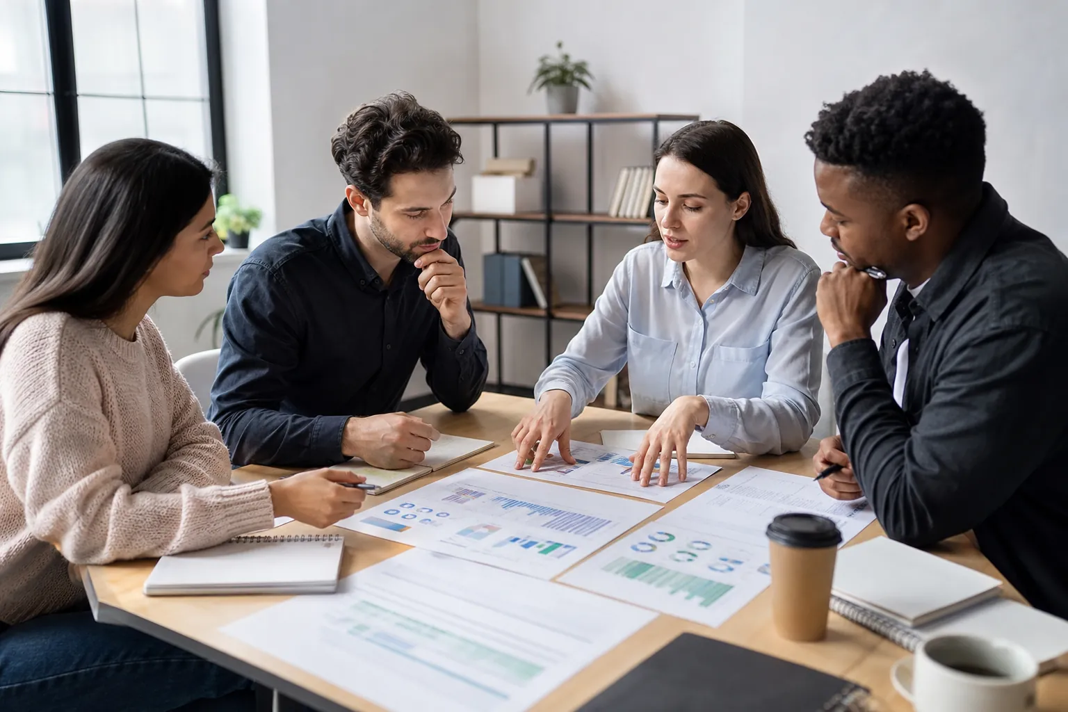 Four colleagues review printed charts around a wooden table with notebooks, pens, and coffee cups in a bright office.