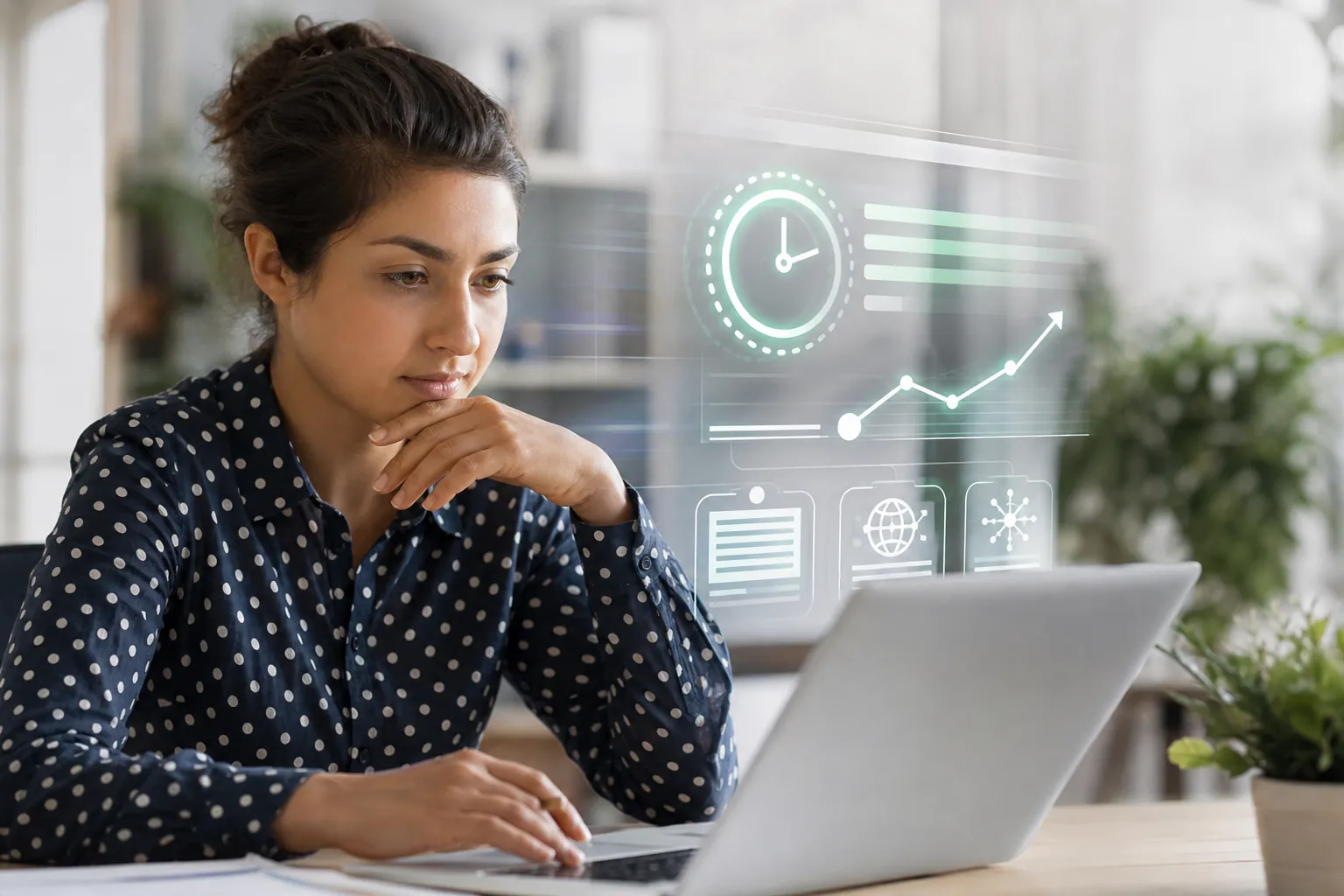 Woman working on a laptop beside a digital dashboard with a clock, document icons, and a rising analytics graph.