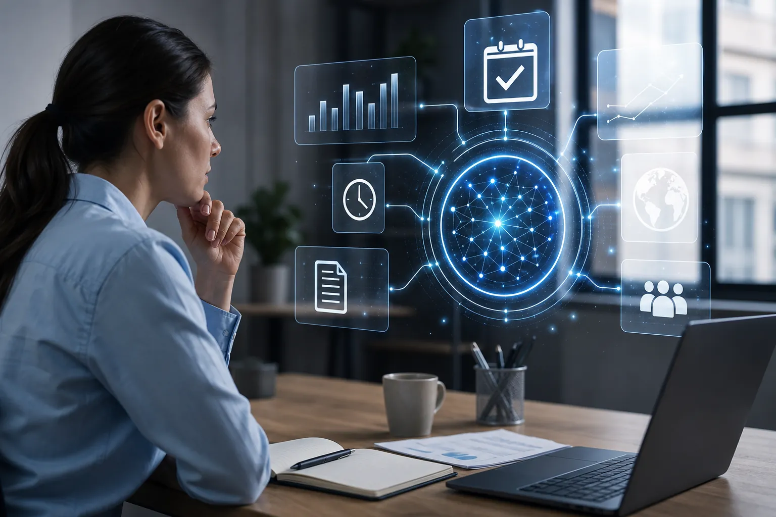 AI content freshness signals on a digital interface Woman at a laptop studies an AI network interface with calendar, clock, document, chart, globe, and audience icons.
