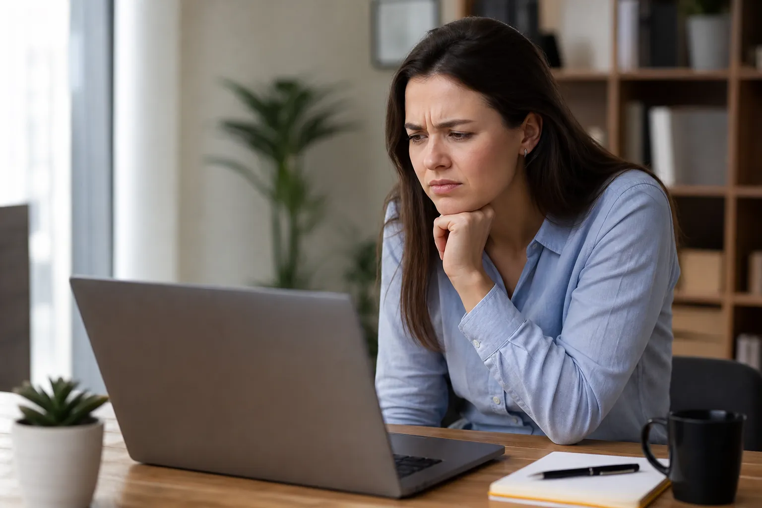 Concerned woman reviewing content on a laptop Concerned woman resting her chin on her hand while looking at a laptop in a home office.