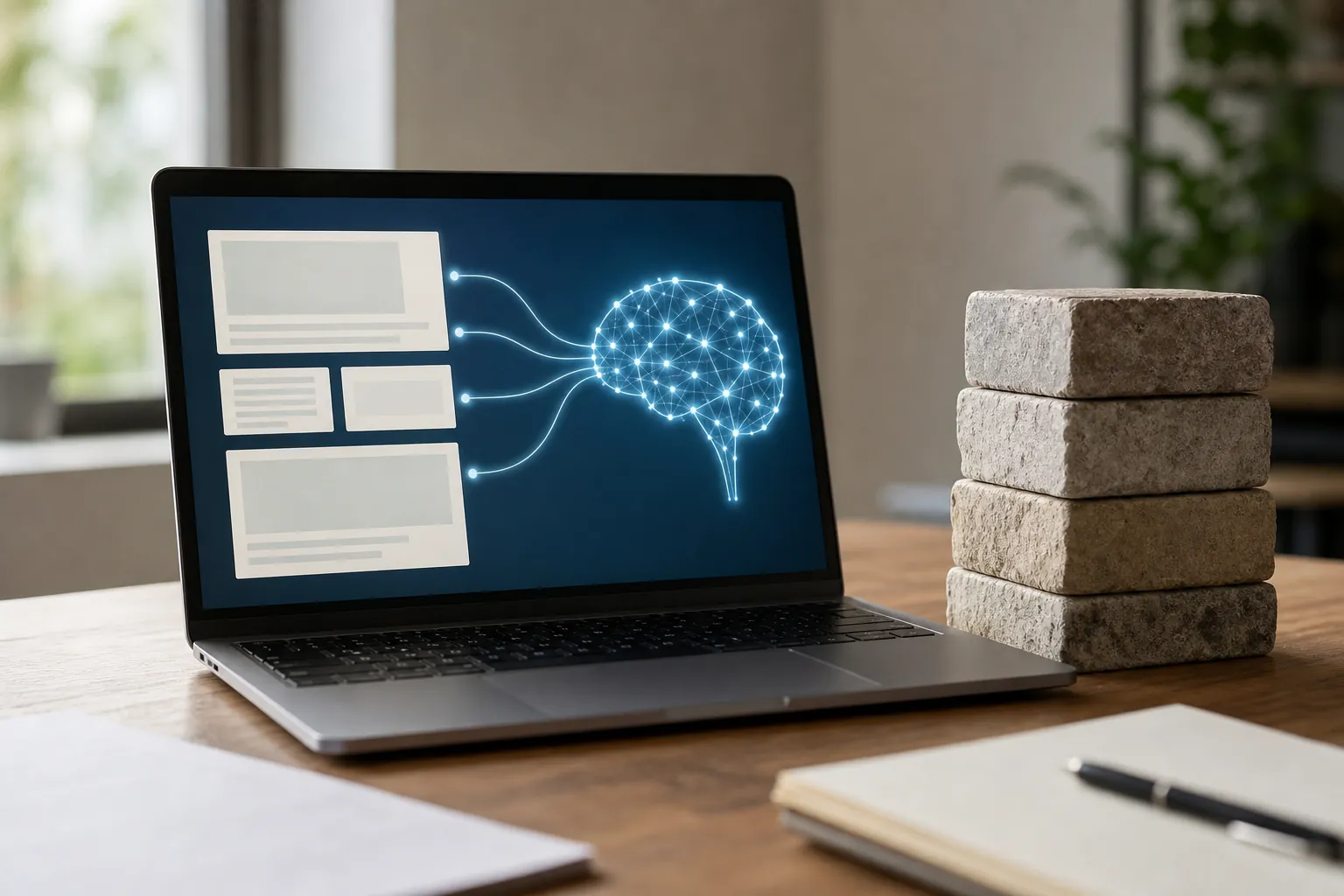 Laptop displaying content blocks linked to a digital brain, beside a stack of four stone blocks on a desk.