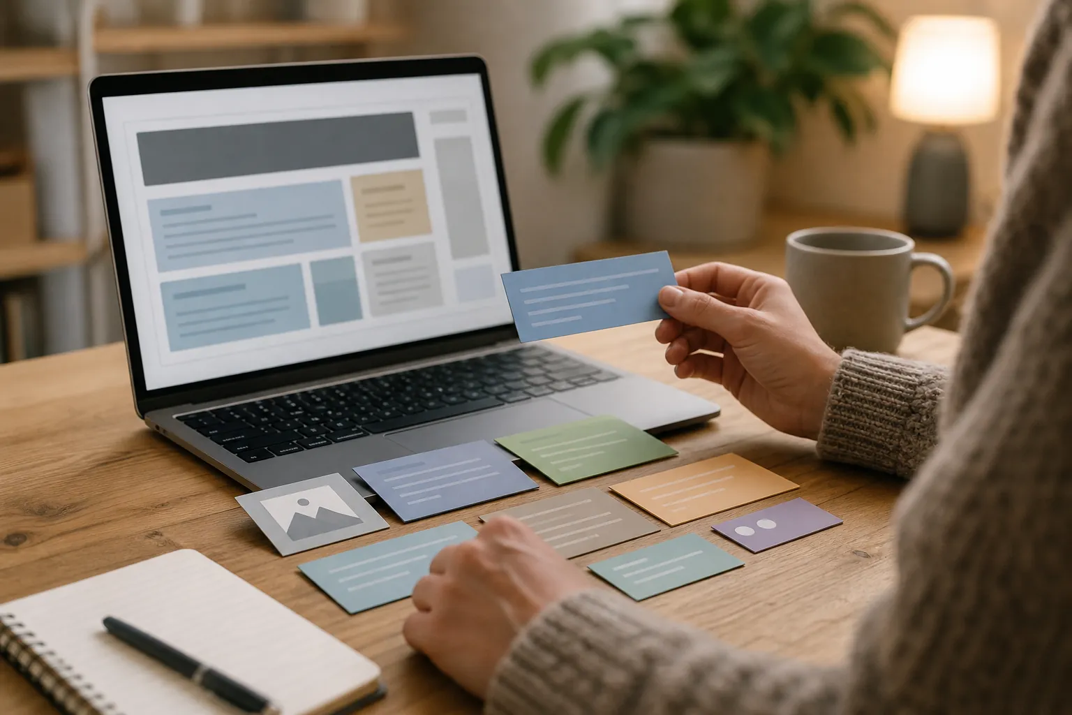 Person arranging colored content cards beside a laptop displaying a modular webpage layout for content chunking.