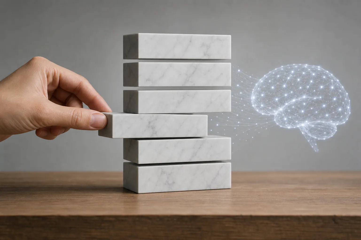 A hand arranges stacked marble blocks beside a glowing digital brain, symbolizing structured content for LLM understanding.