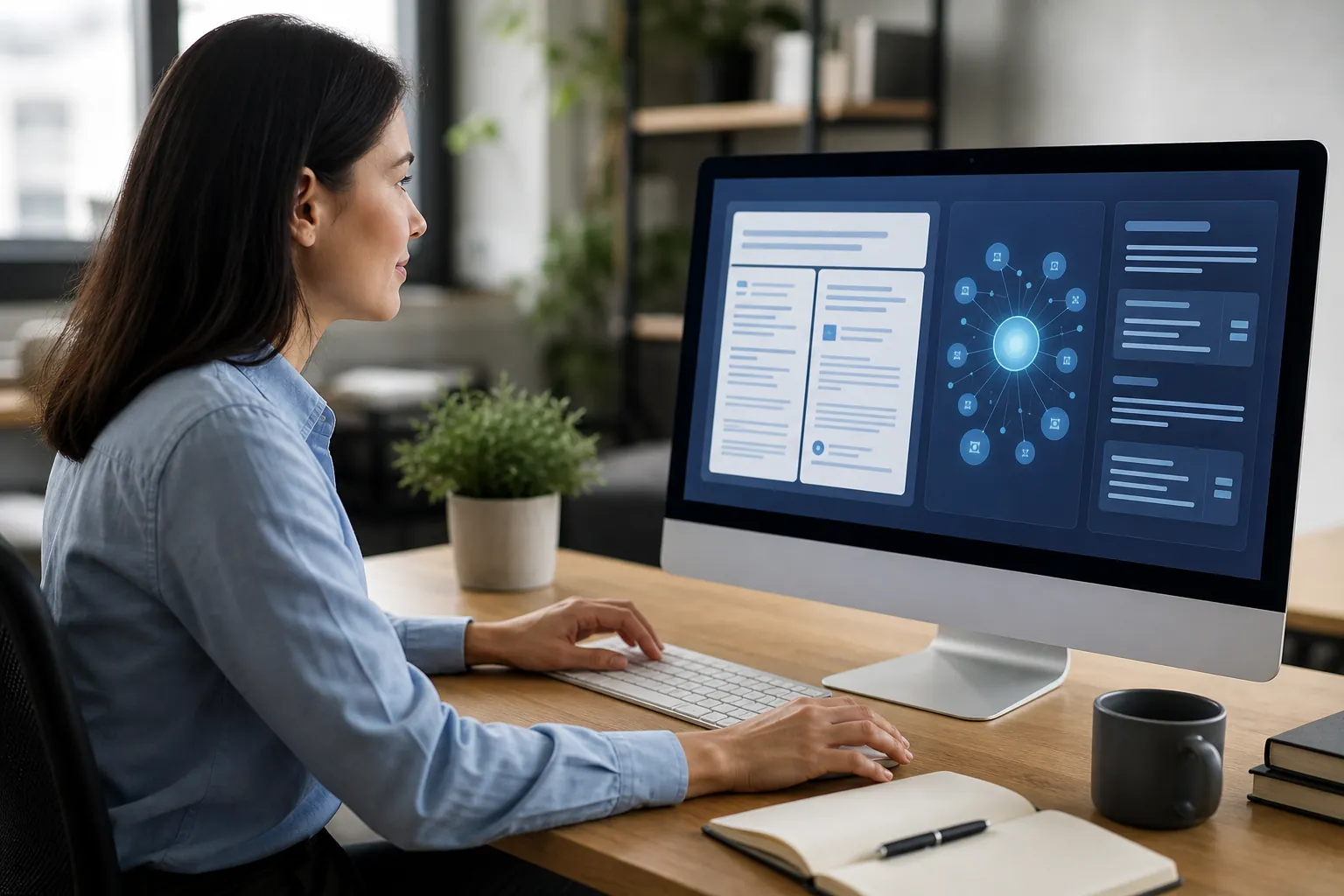 Woman at a wooden desk viewing page layouts and a blue network diagram on a desktop monitor, with a notebook and mug nearby.