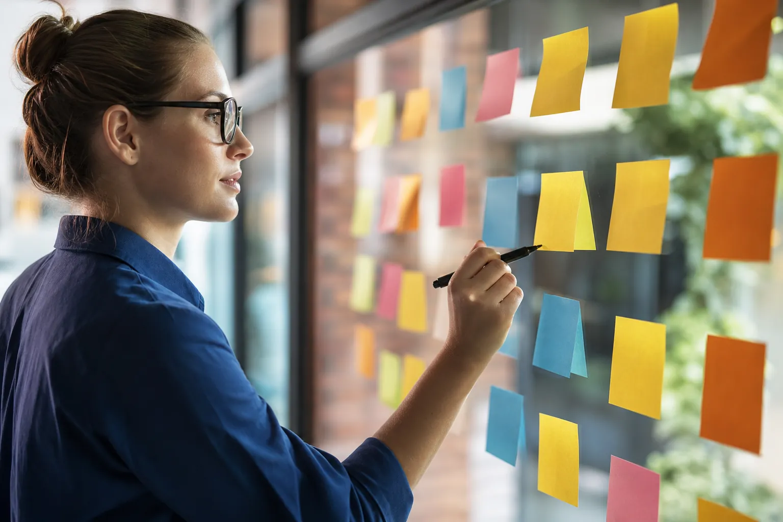 Woman wearing glasses holds a black pen beside rows of colorful blank sticky notes on a glass wall.