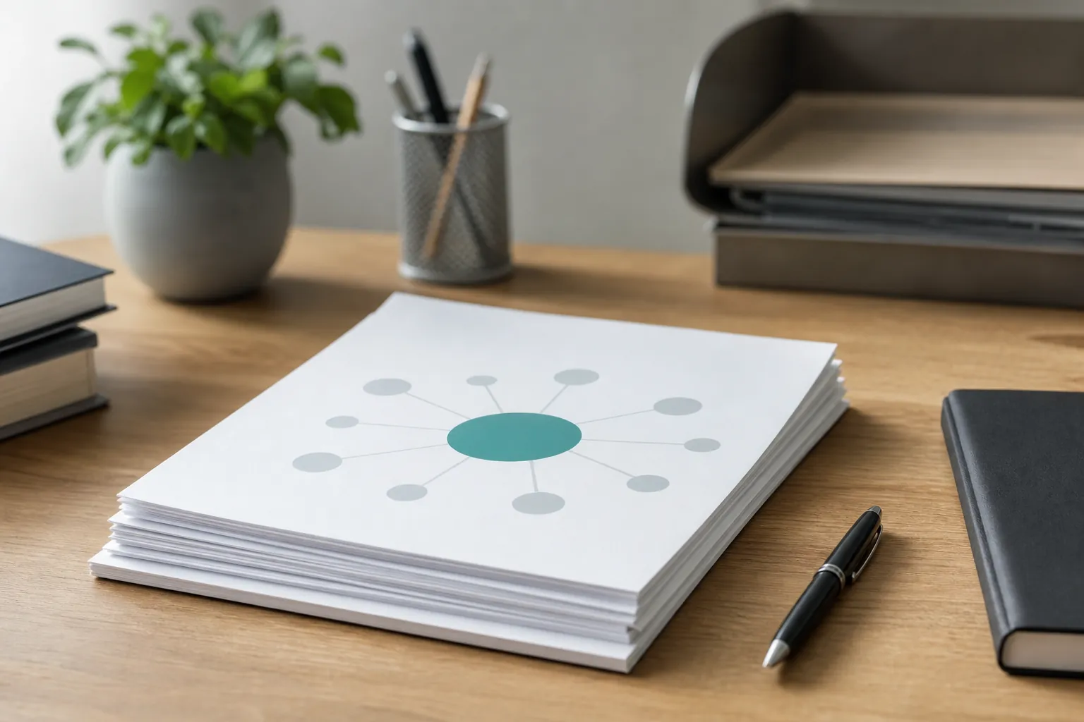 Desk with a central hub diagram on stacked papers, surrounded by notebooks, pens, a plant, and document trays.
