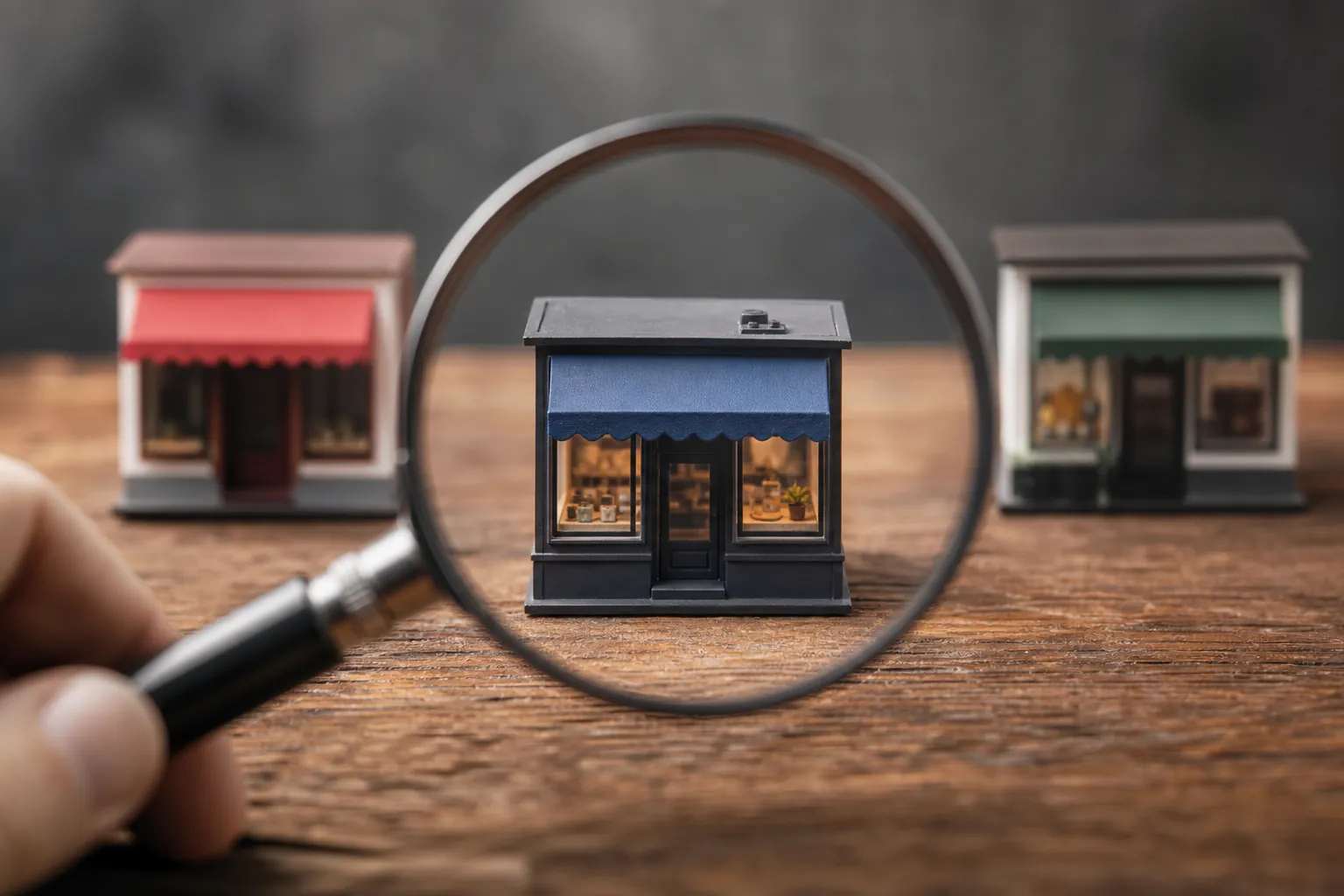 A hand holds a magnifying glass over one of three miniature local storefronts on a wooden table.