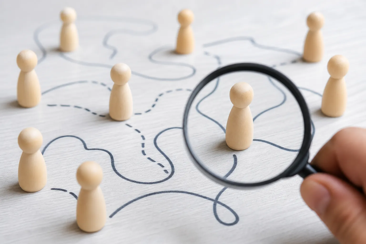A hand holds a magnifying glass over one wooden figure among linked figures, symbolizing entity disambiguation.