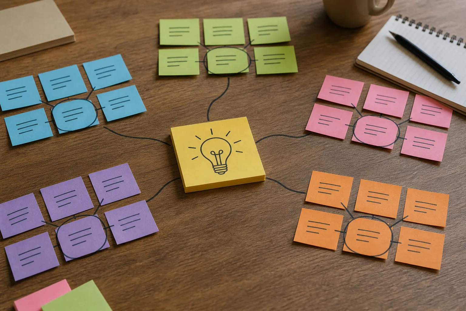 Color-coded sticky note clusters connected to a central lightbulb sketch on a wooden desk.