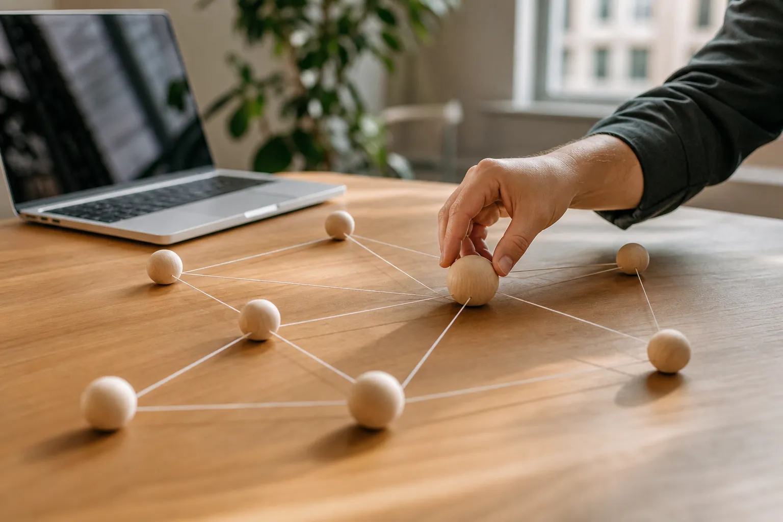 A hand arranges wooden spheres connected by white strings on a desk beside an open laptop, representing an internal link network.