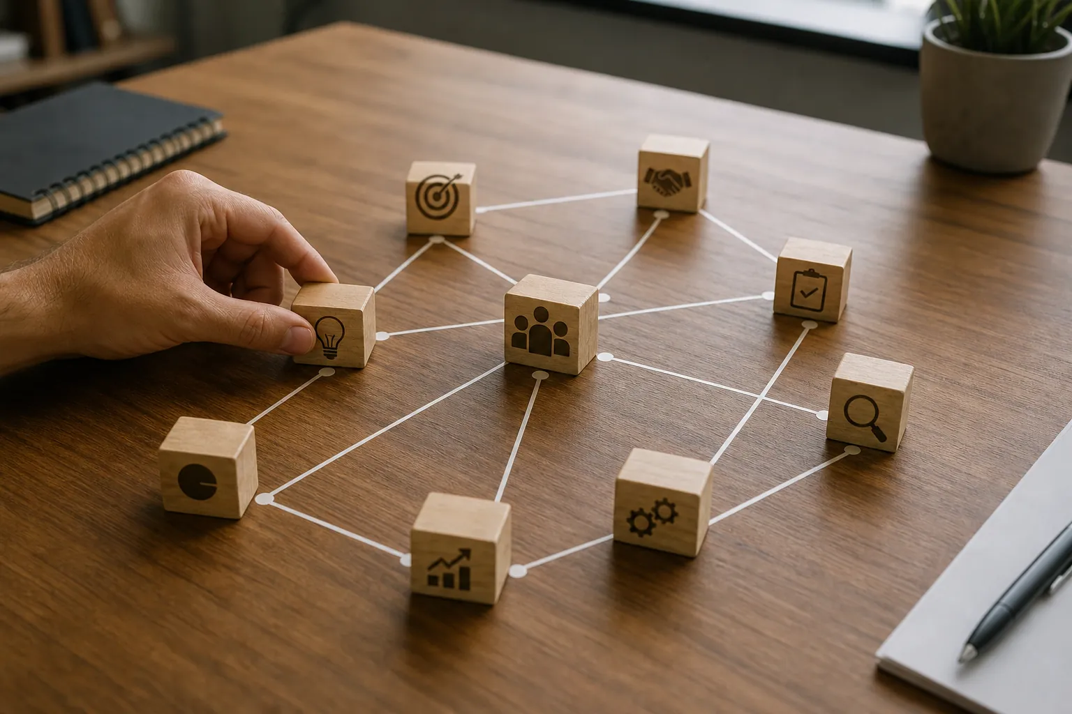 Hand arranging icon-marked wooden blocks connected by white lines on a desk, suggesting an internal linking strategy.
