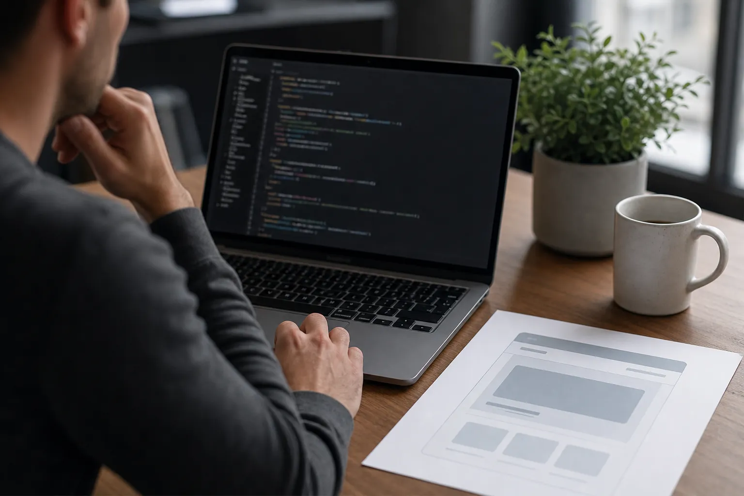 Developer Reviewing Website Code and Layout Developer reviewing code on a laptop beside a printed website layout, coffee mug, and potted plant.