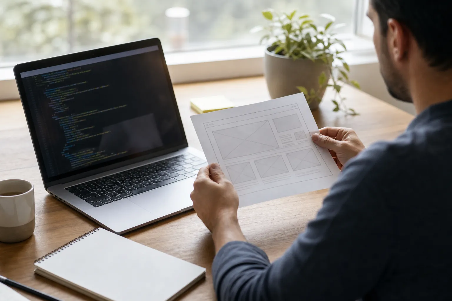 Developer Reviewing a Website Wireframe and Code Web developer comparing a printed website wireframe with code displayed on a laptop at a desk.