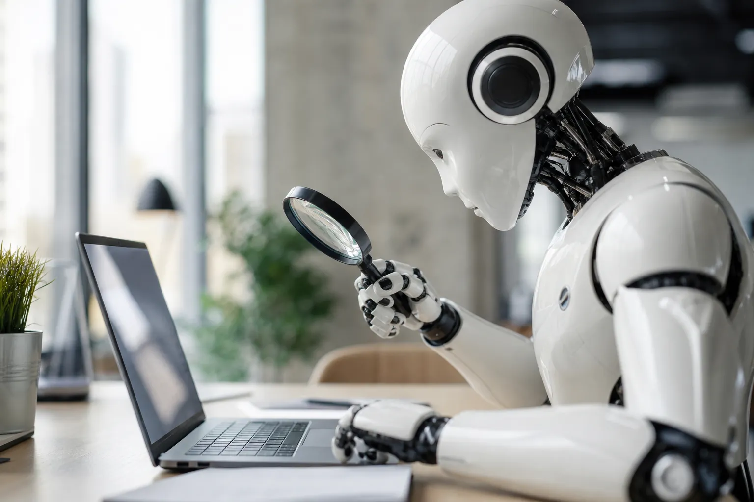 Robot Inspecting a Laptop for LLM Visibility White humanoid robot uses a magnifying glass to inspect a laptop screen at a desk in a modern office.