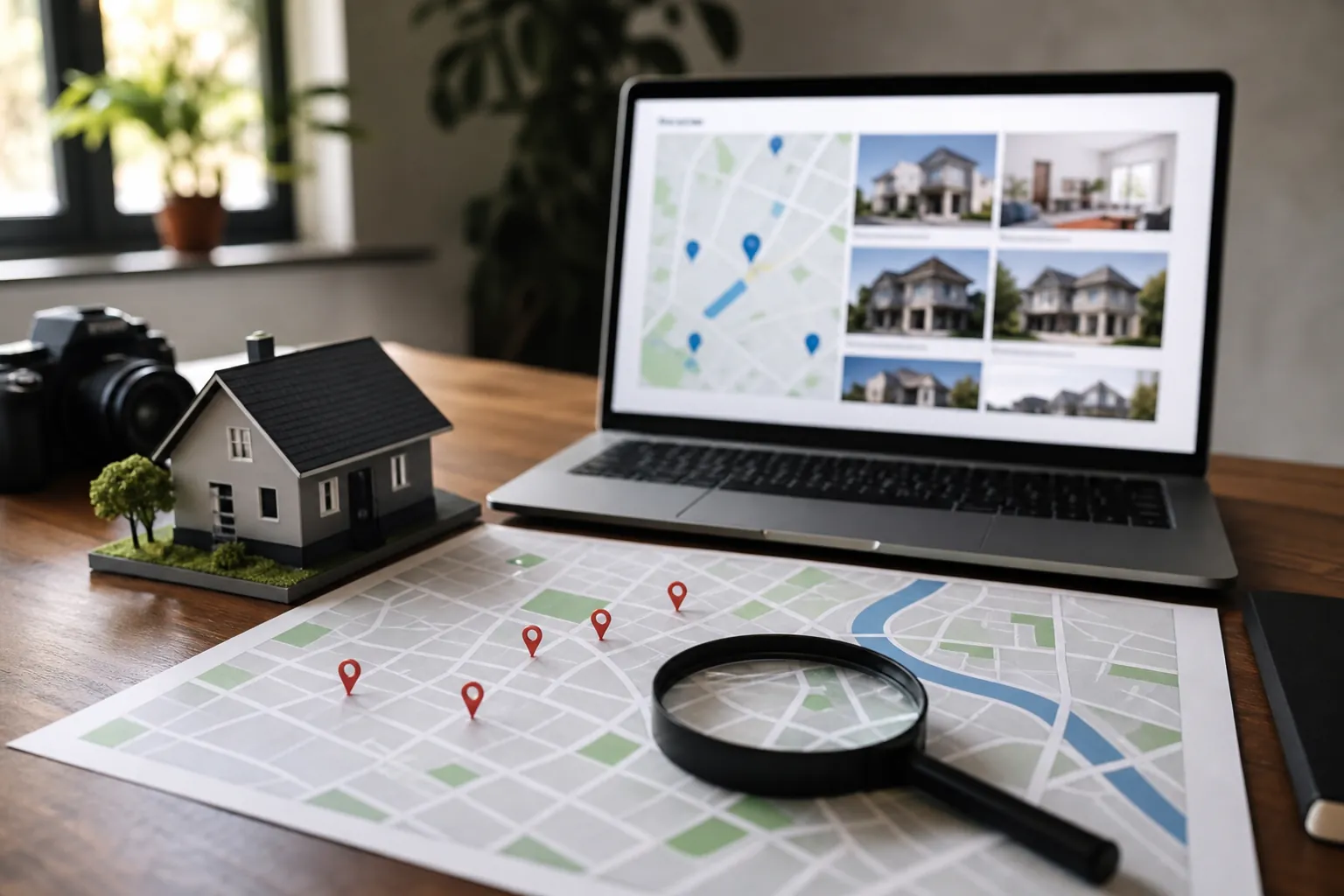 Laptop with property listings beside a model house, magnifying glass, and printed map marked with location pins.