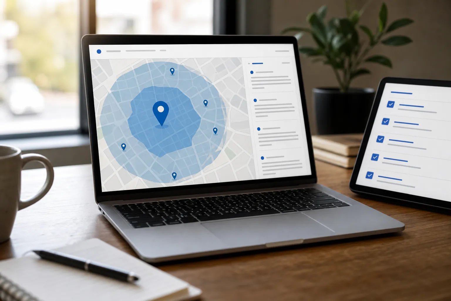 Laptop displaying a city service-area map beside a tablet with a blue optimization checklist on a desk.