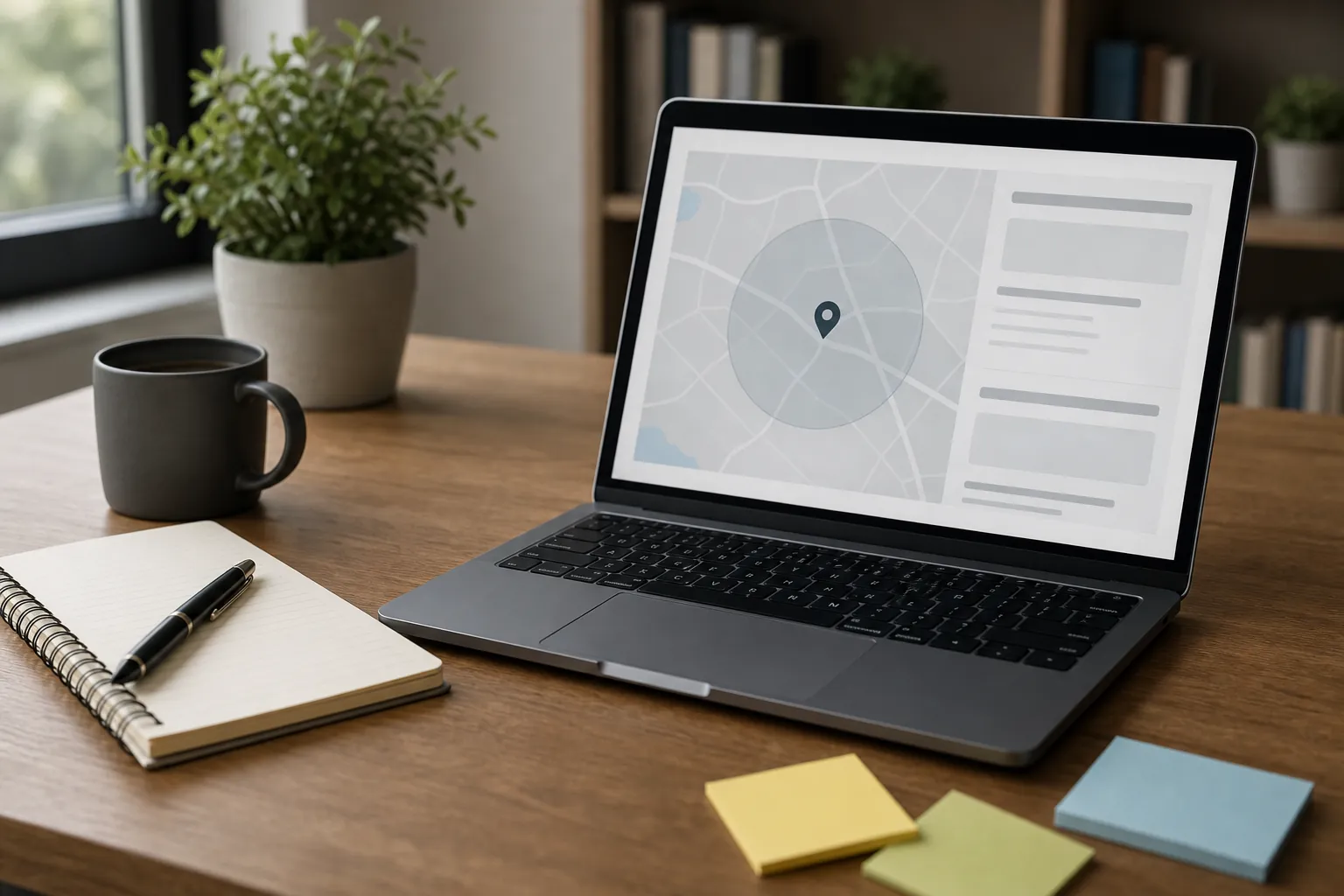 Laptop displaying a local service area map beside a notebook, coffee mug, plants, and sticky notes on a desk.