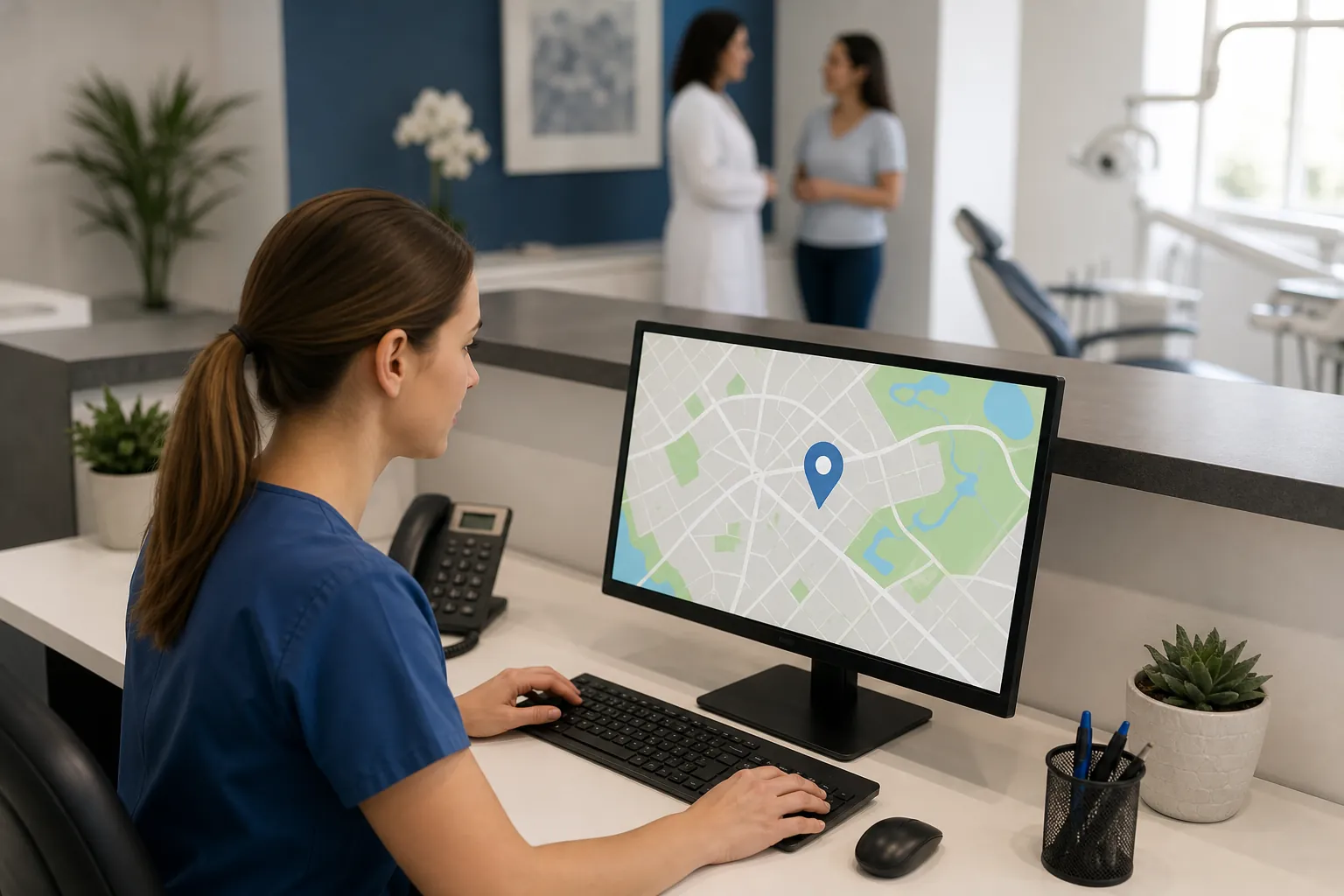 A dental receptionist in blue scrubs uses a computer displaying a map pin, with two women and a dental chair behind her.