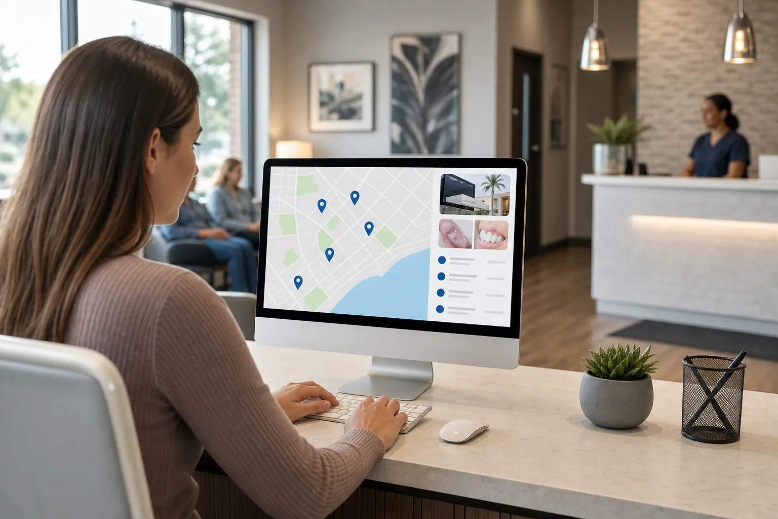 A woman uses a desktop computer showing map pins and dental photos in a dental office waiting area.