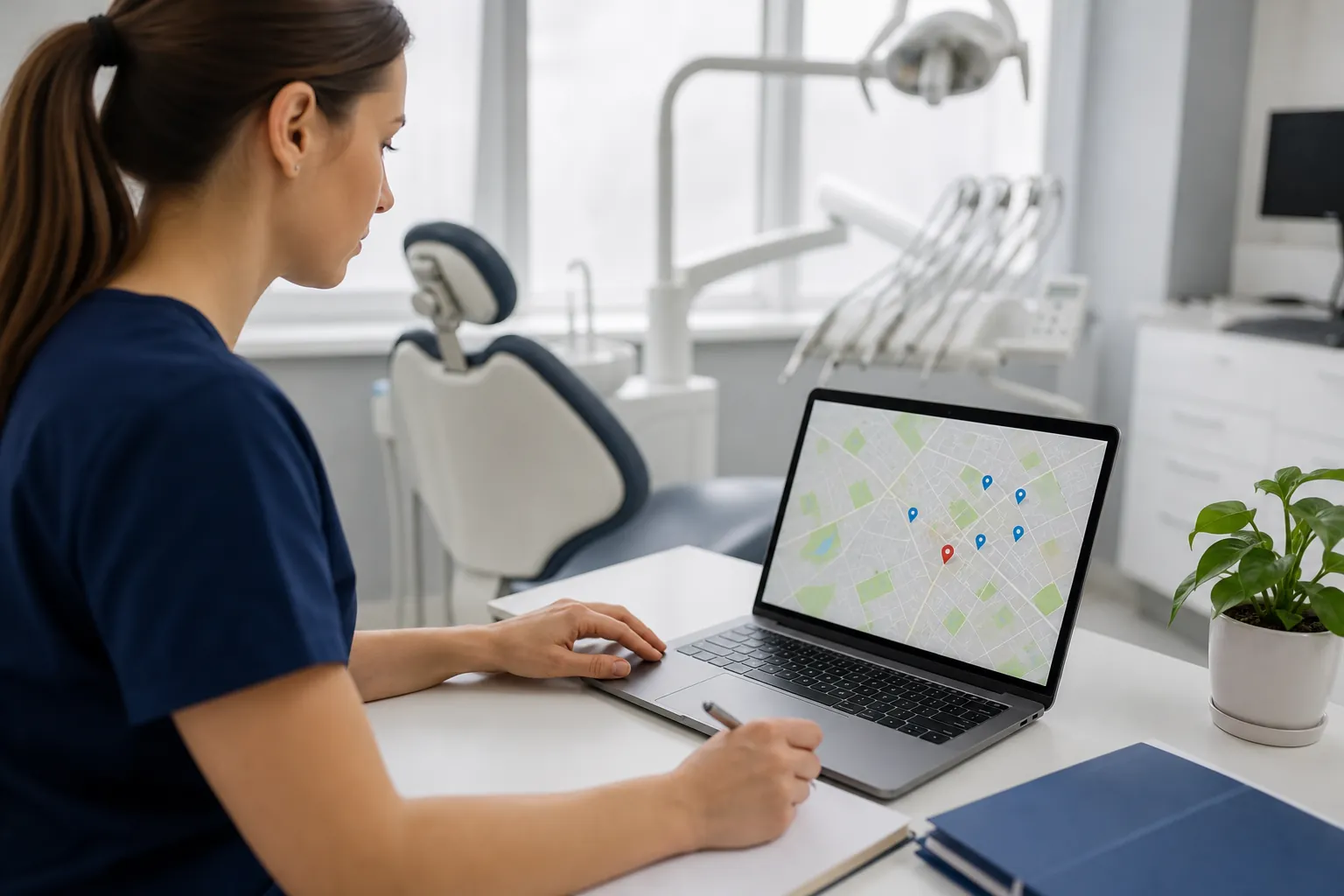 Woman in navy scrubs reviews a map with location pins on a laptop while taking notes in a dental treatment room.