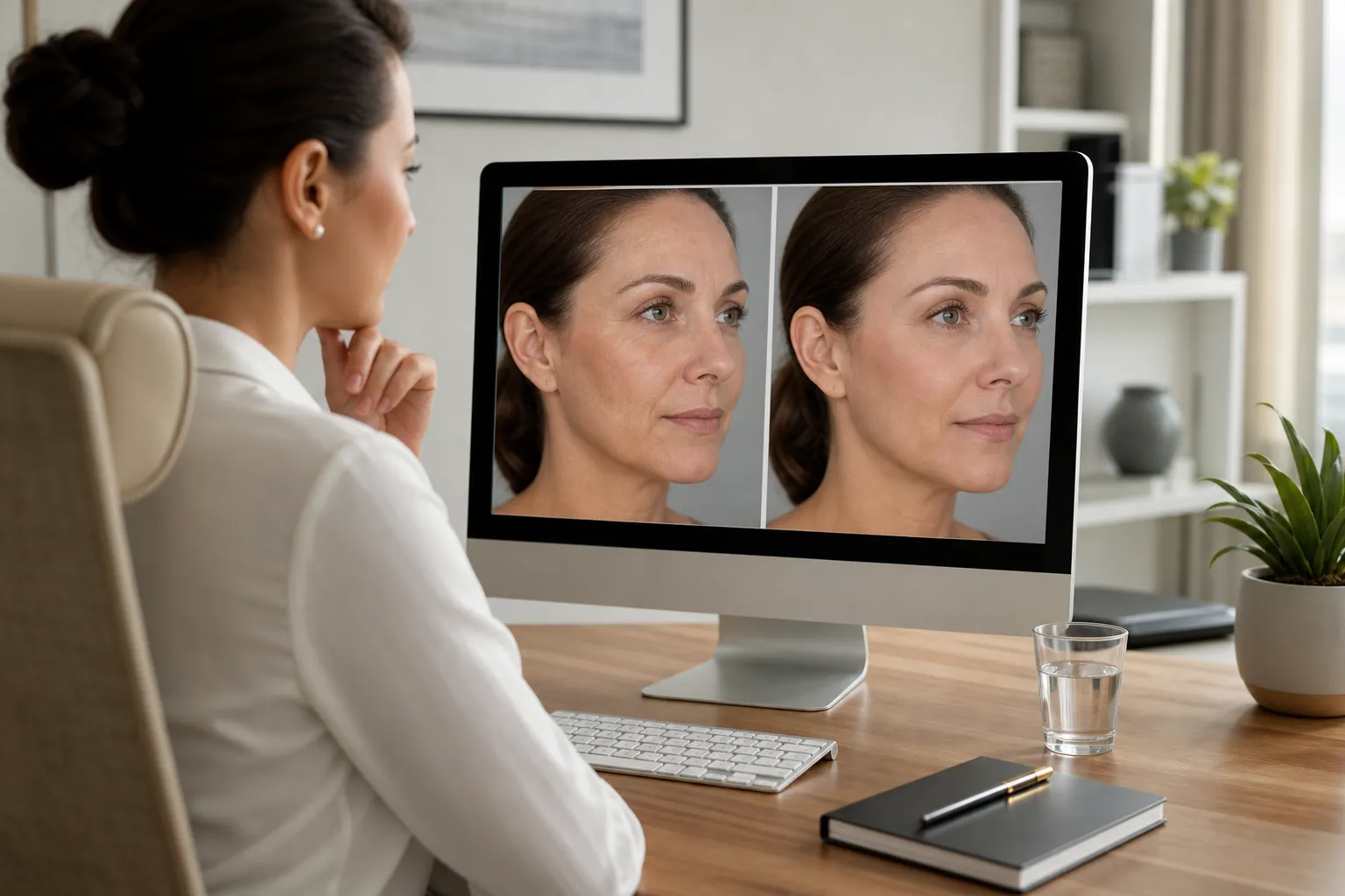 A woman in a white coat views side-by-side facial before-and-after portraits on a desktop monitor at a wooden desk.