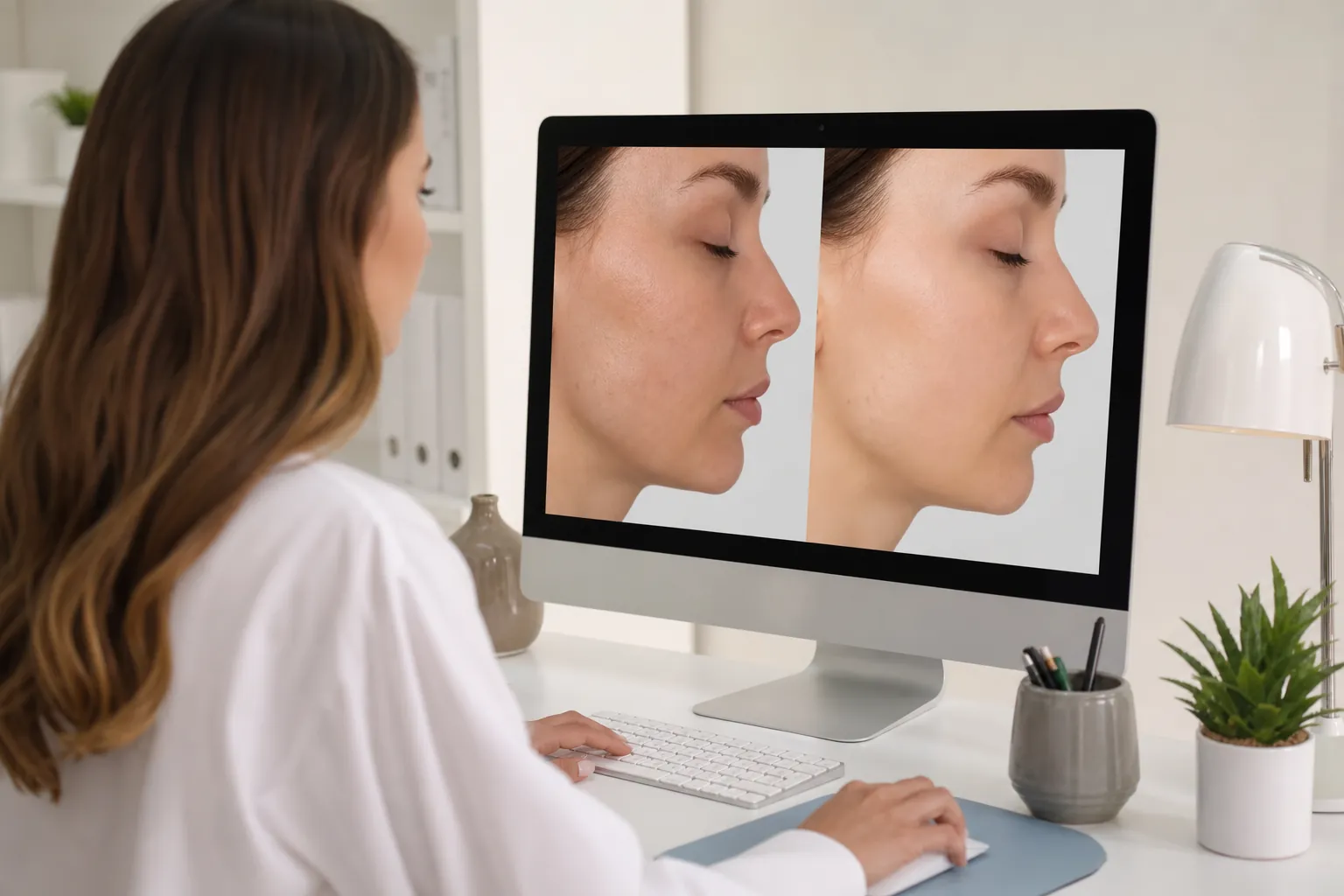 Reviewing Before-and-After Facial Photos on a Monitor Woman in a white coat views side-by-side facial profile comparison photos on a desktop monitor in a bright office.